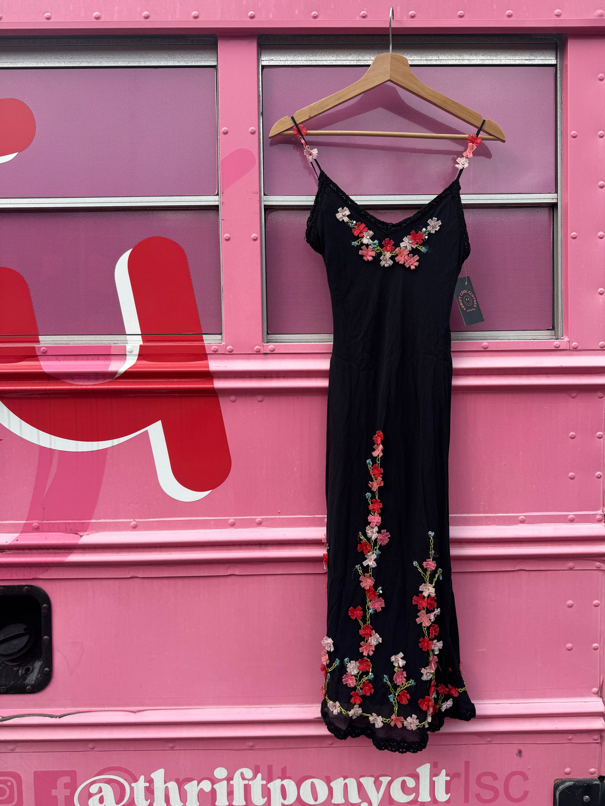 black pink Betsey johnson vtg floral ribbon tank dress, 4