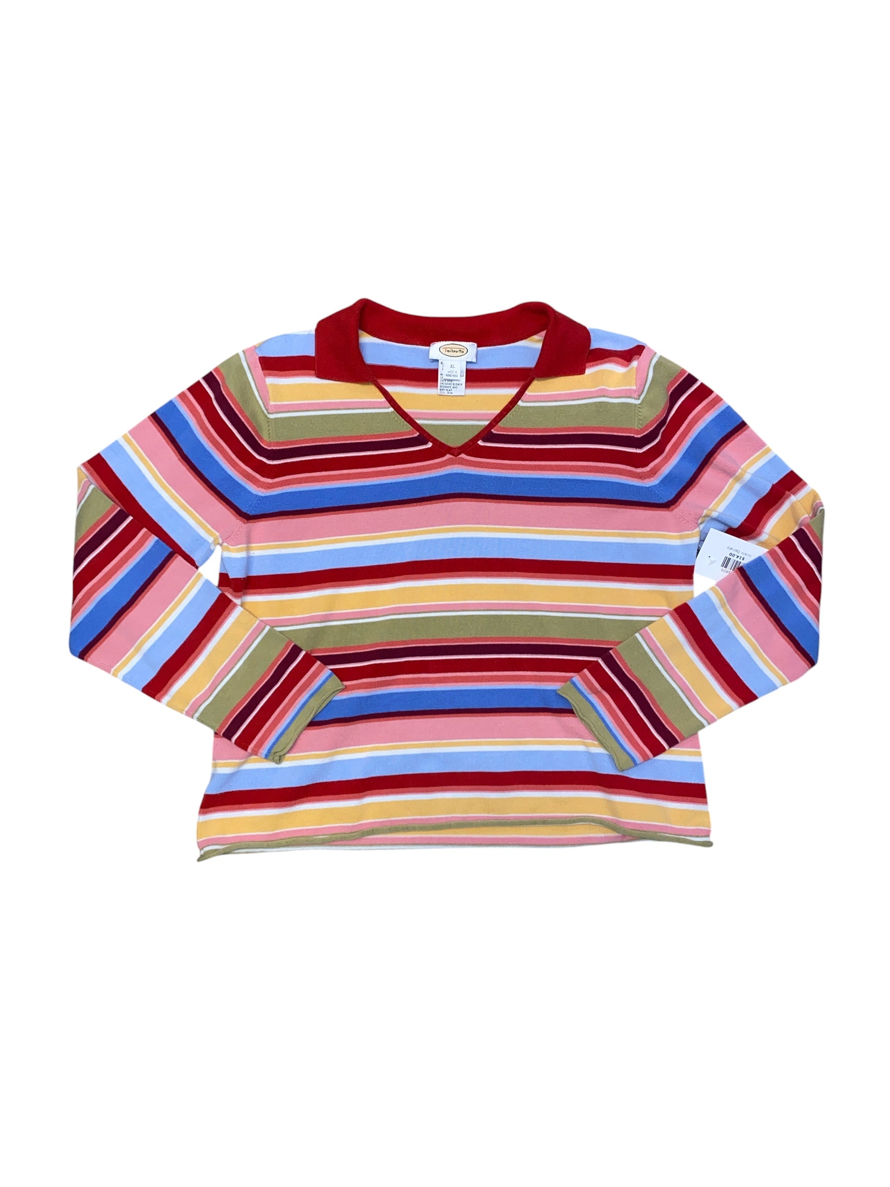 red pink yellow green talbots striped vneck collard ls sweater, xl