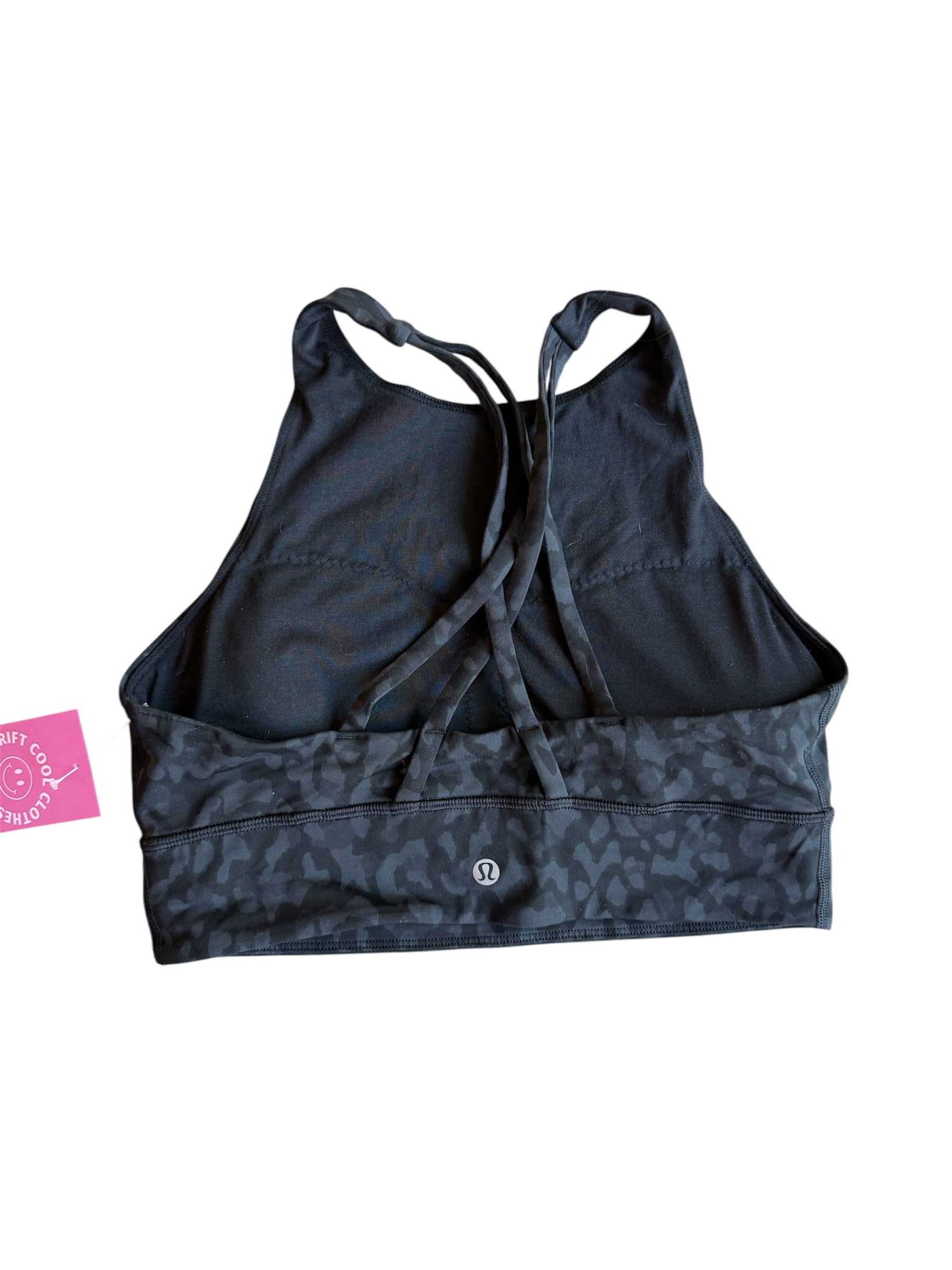black lululemon leopard hi neck sports bra