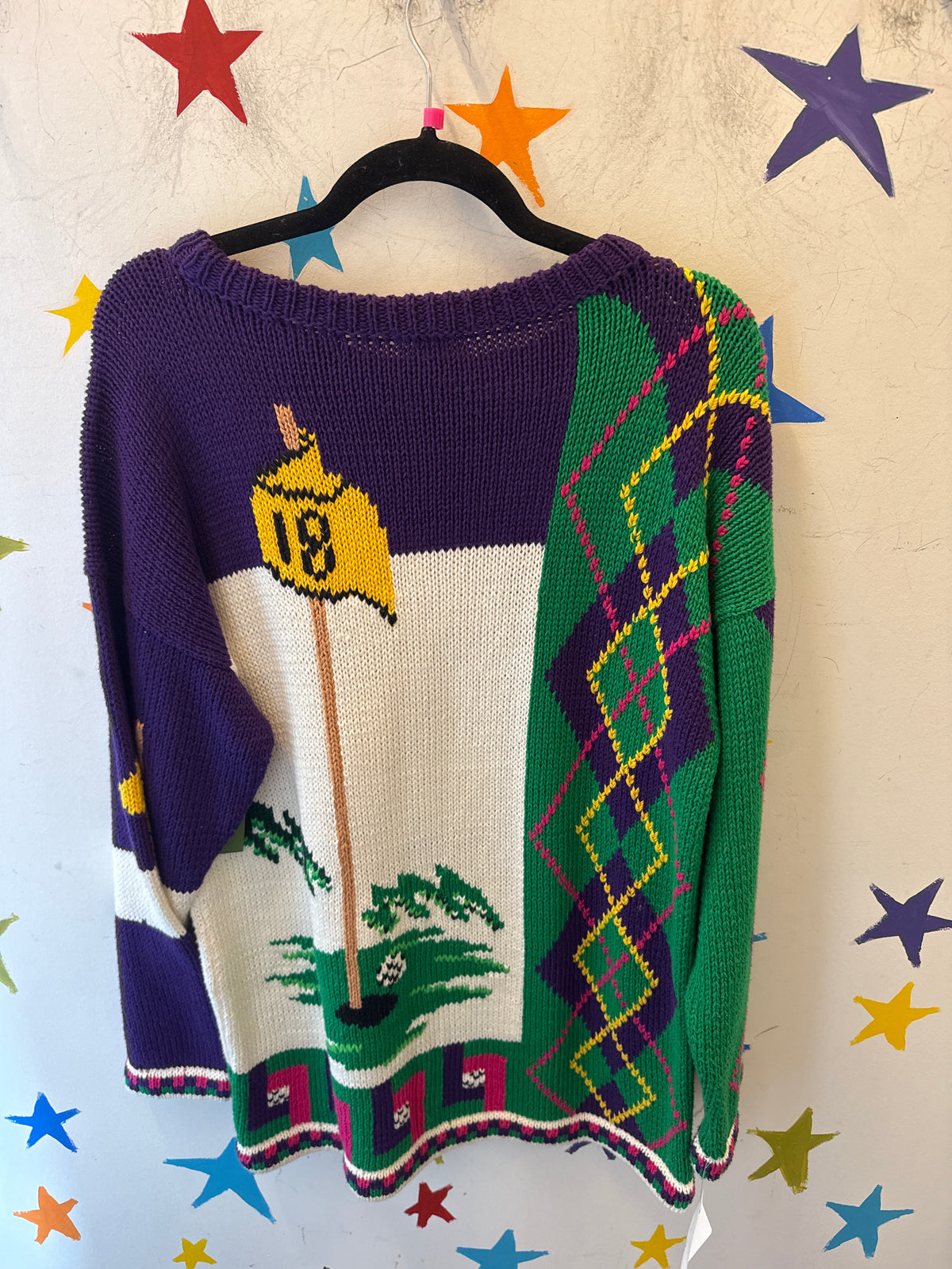purple green andina argyle golf sweater, m