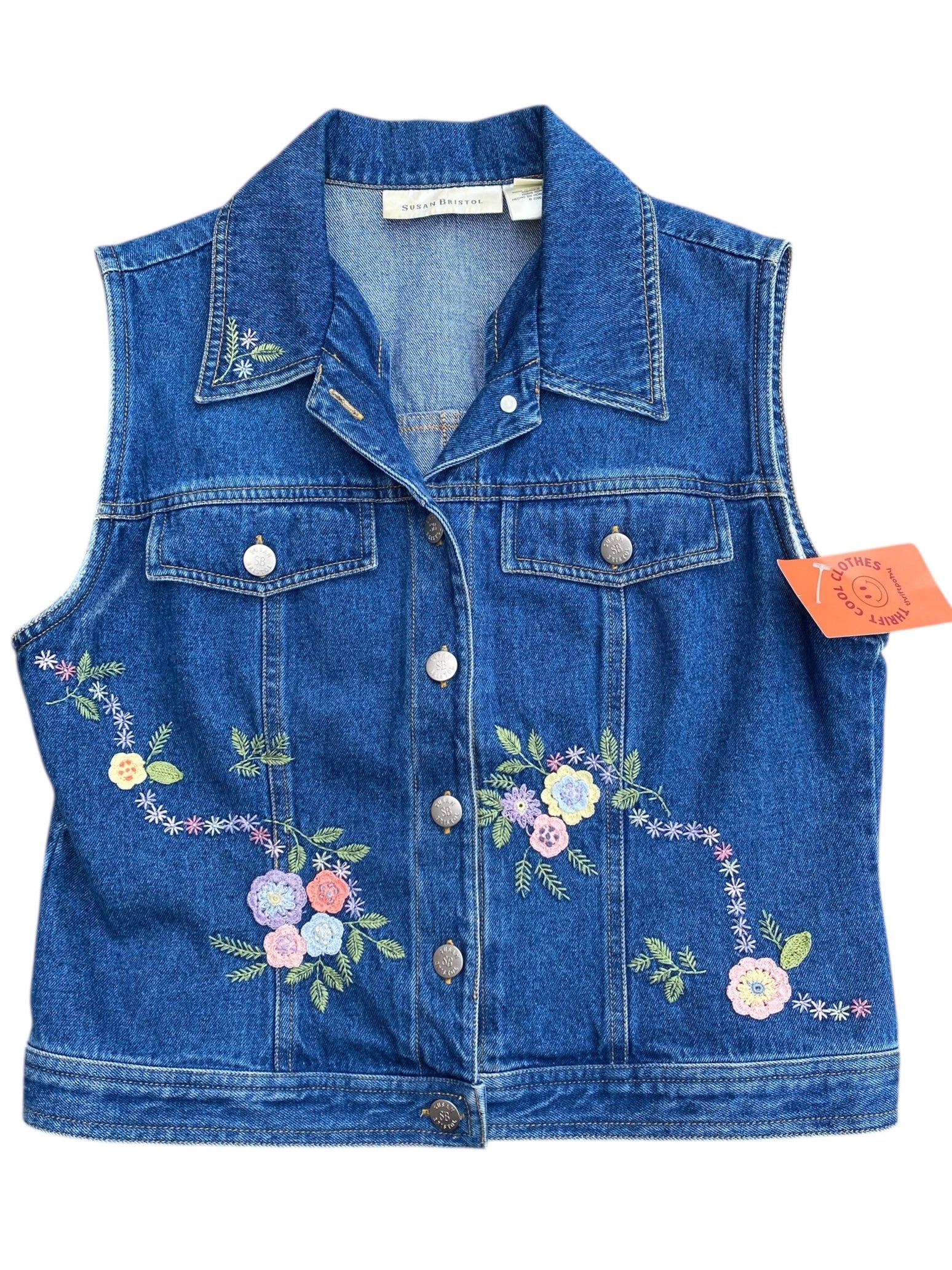 blue pink susan bristol denim vest w floral embroidery, Pm