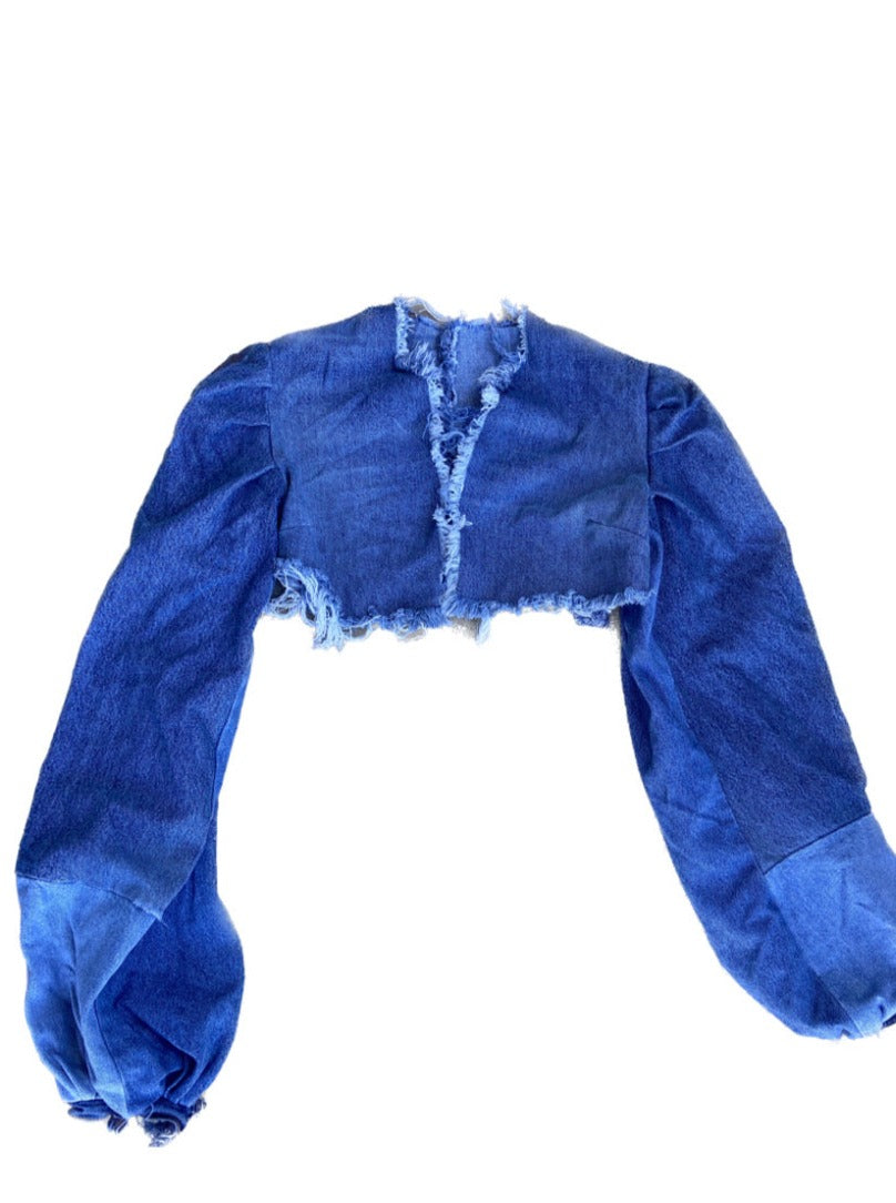 The Kinah Kreative handmade upcycled puff sleeve cropped denim jacket, xs-m