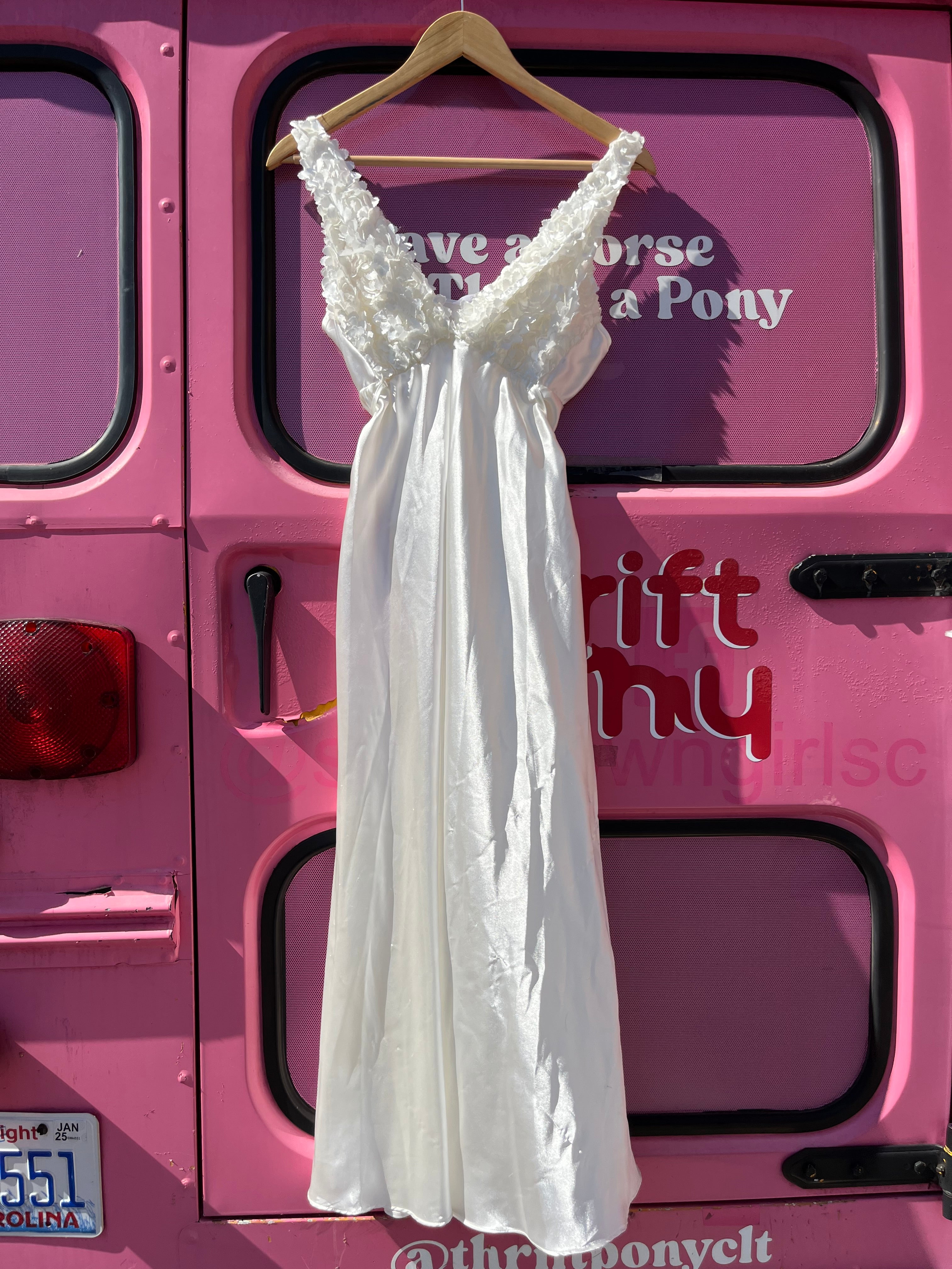 white flora satin dress 3d flowers on chest, s