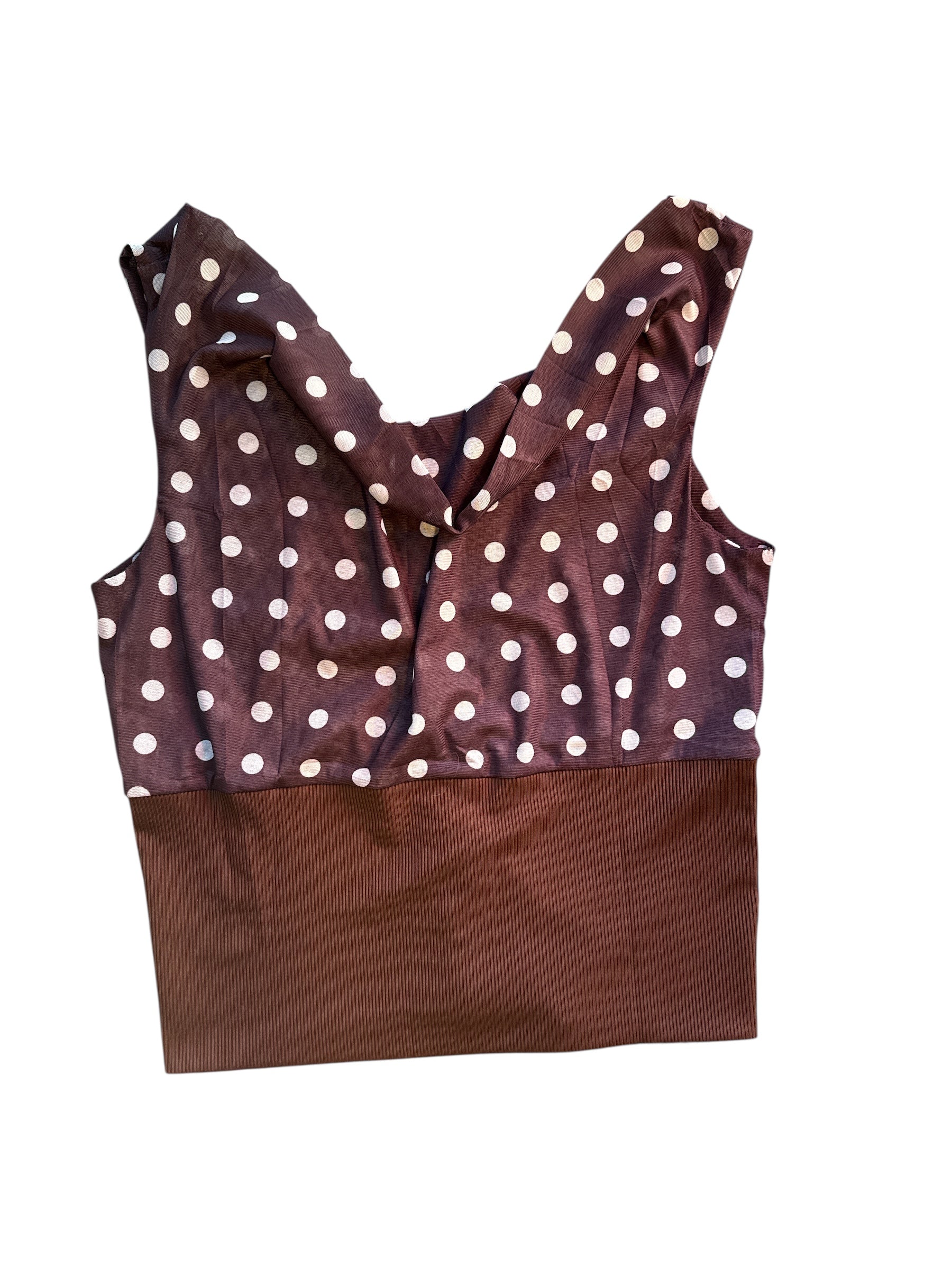 brown white  cowl neck mesh polka dot crop top, M