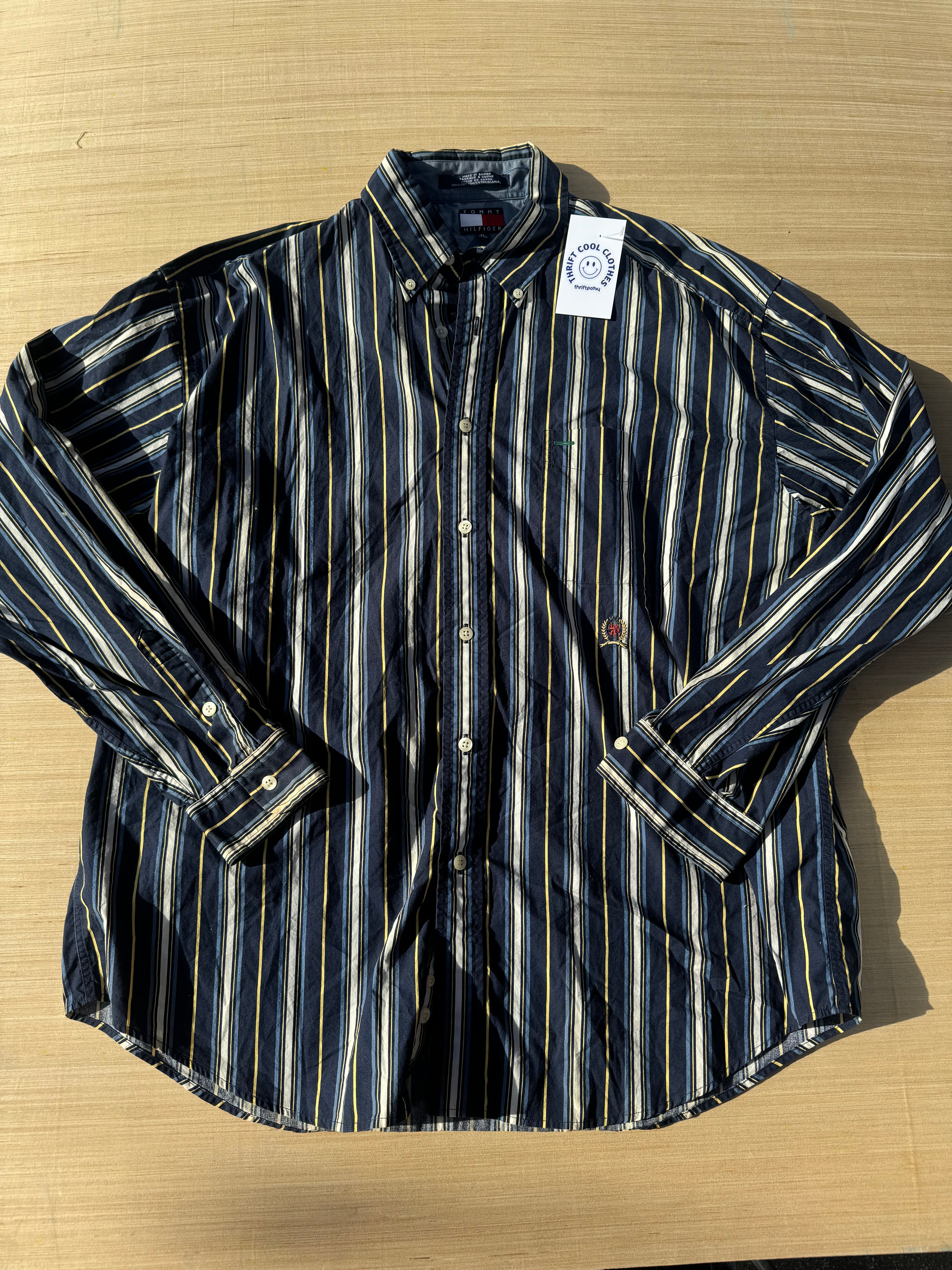 navy yellow tommy hilfiger stripped button down, xl