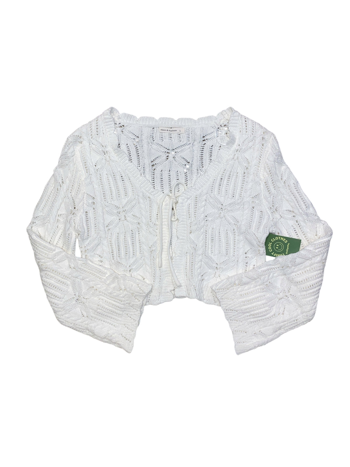 white moon & madison crochet tie front sweater, L
