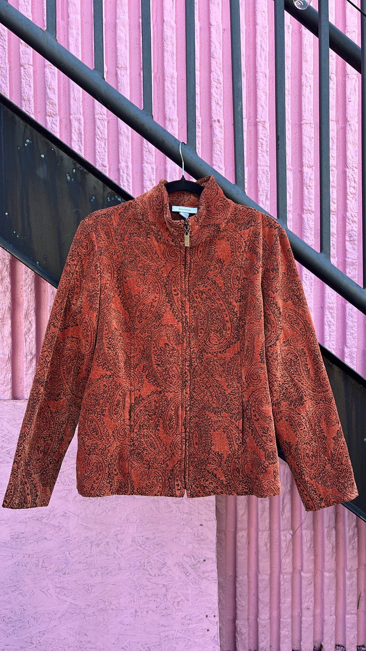 orange brown dressbarn jacquard zip up jacket, M