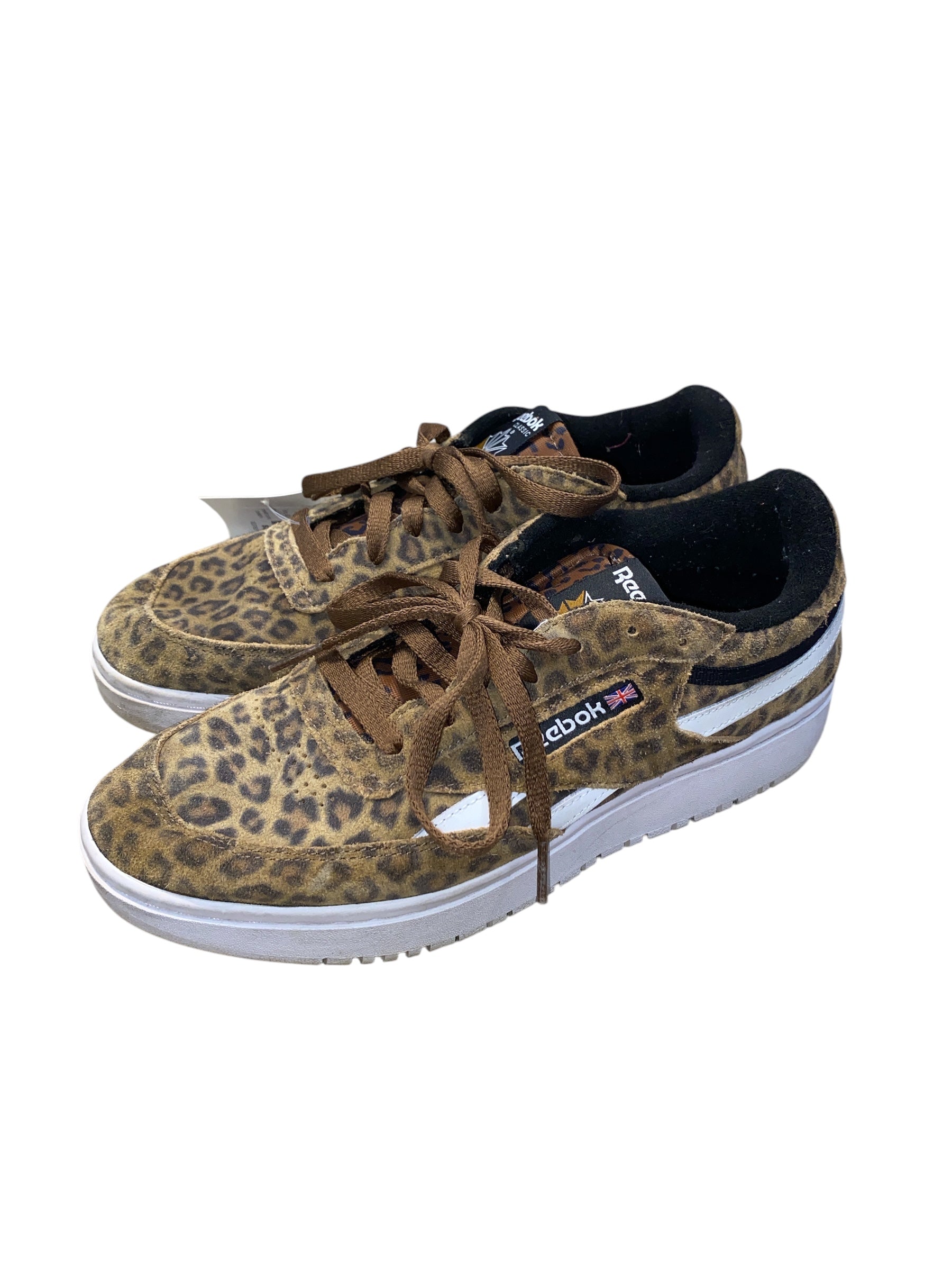 brown black Reebok cheetah print sneakers, 11