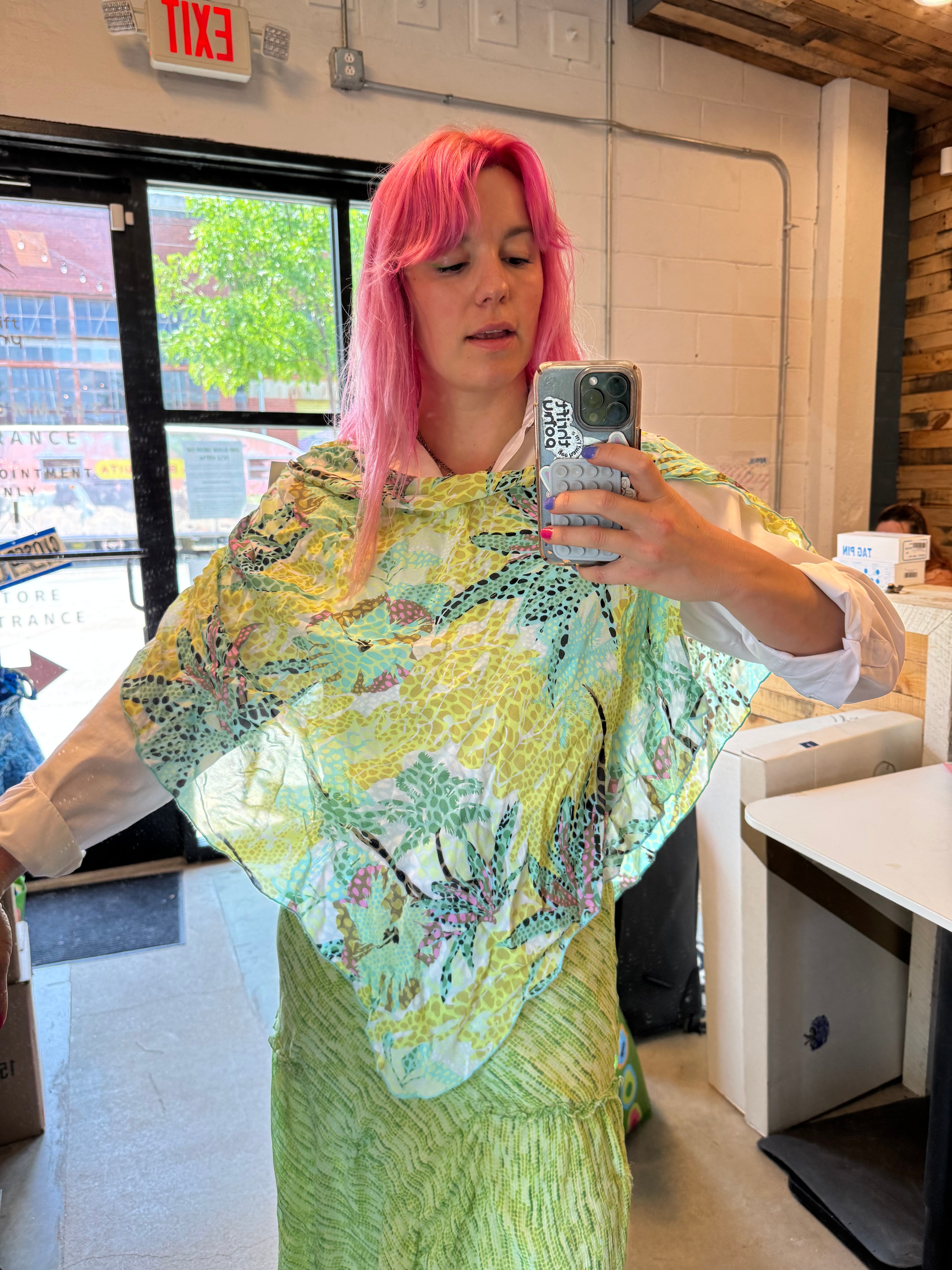 Blue teal green Bentley Y2k abstract poncho, S