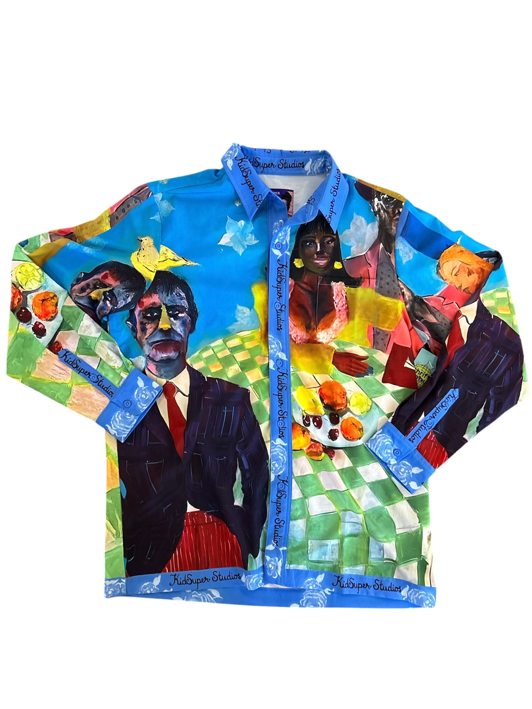 blue green yellow multi kid super studios graphic button down, 2x