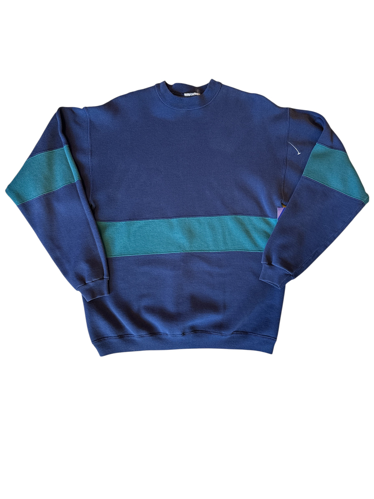 blue green  striped vtg crew, L