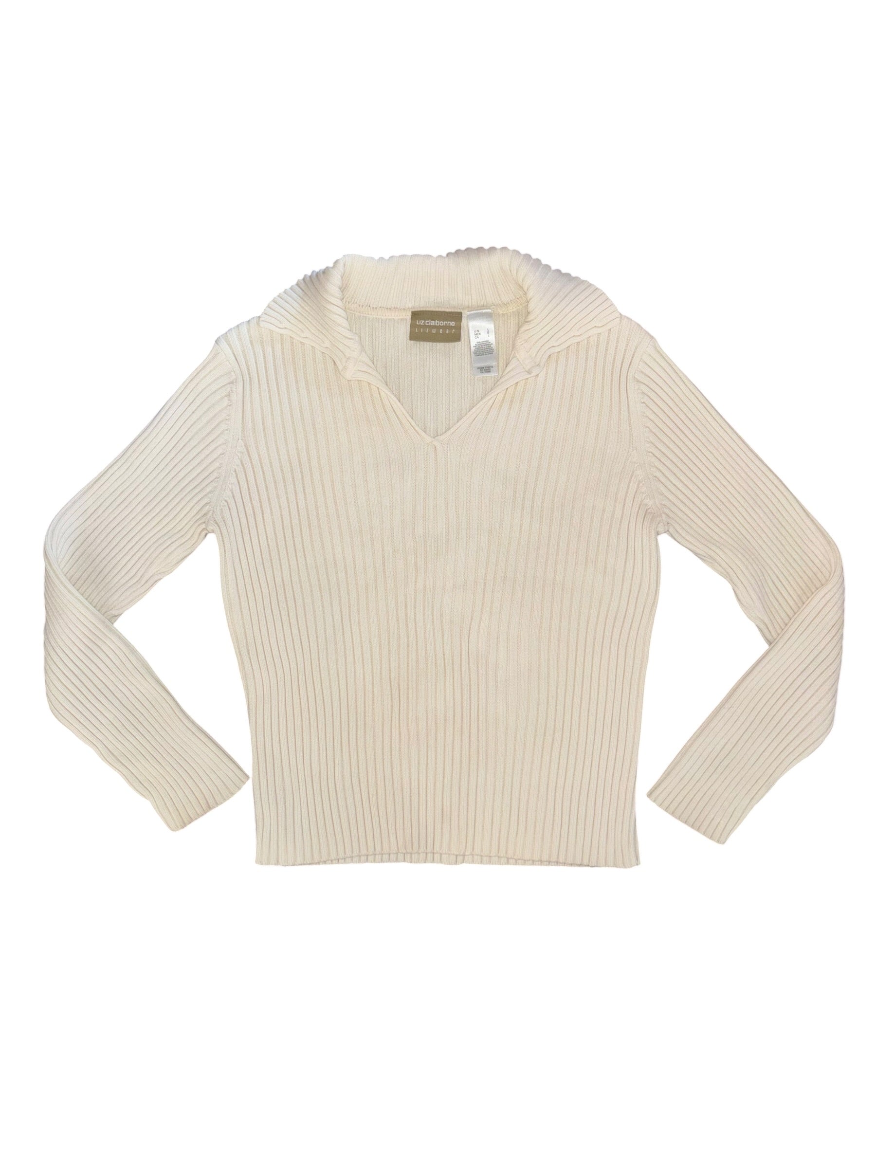 cream liz claiborne ribbed collared sweater, L