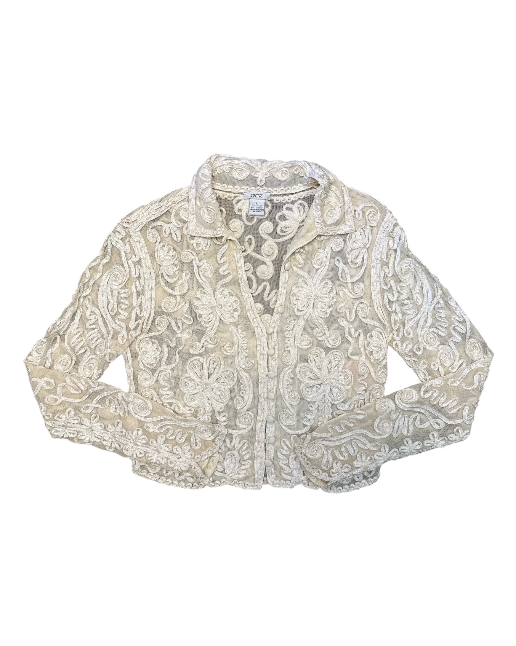 cream cache embroidered mesh button up, L