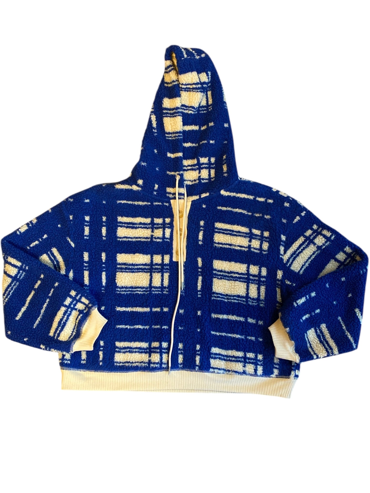 blue yellow porridge plaid sherpa hoodie, xl