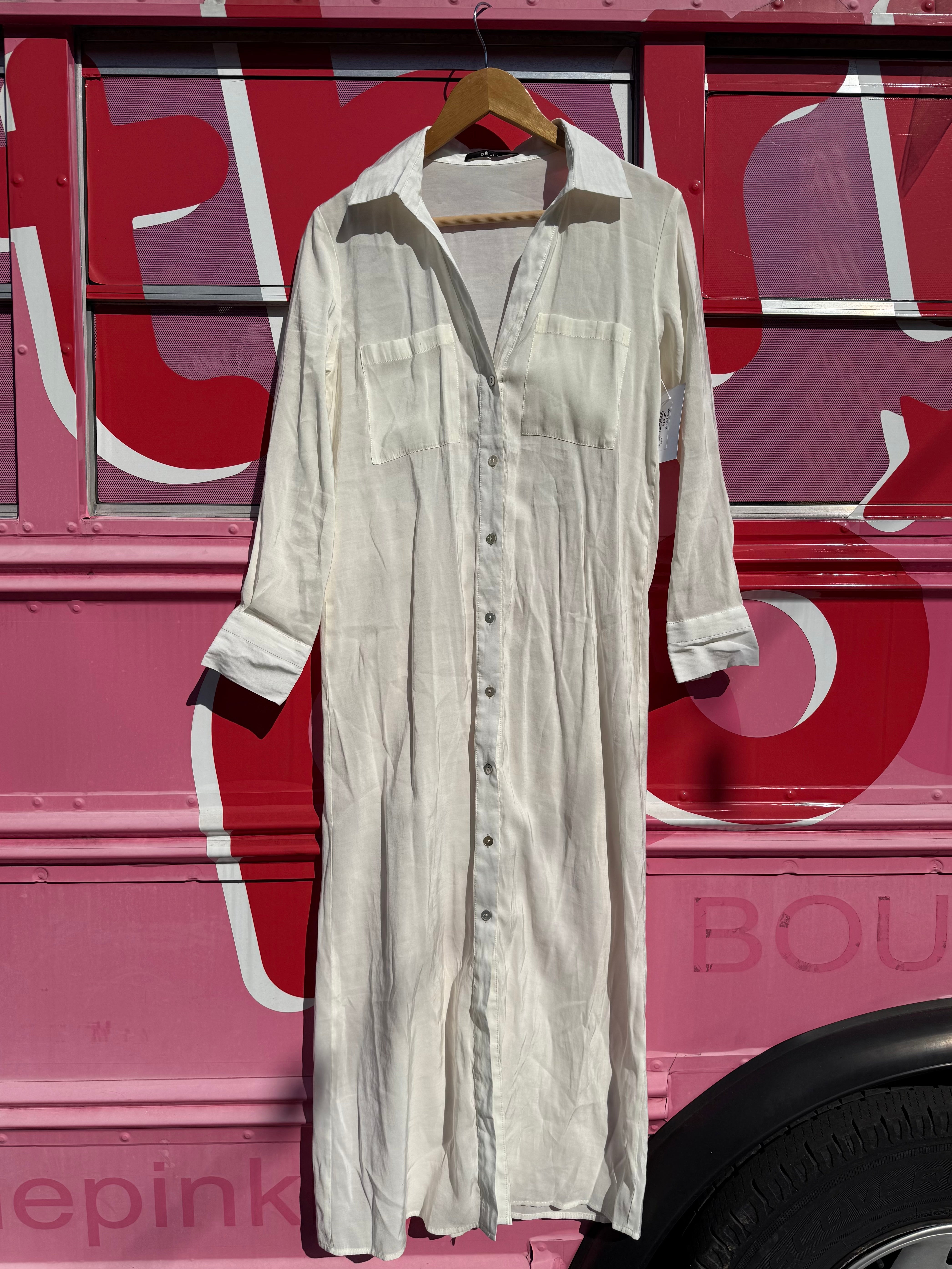 white deluc button down dress, s