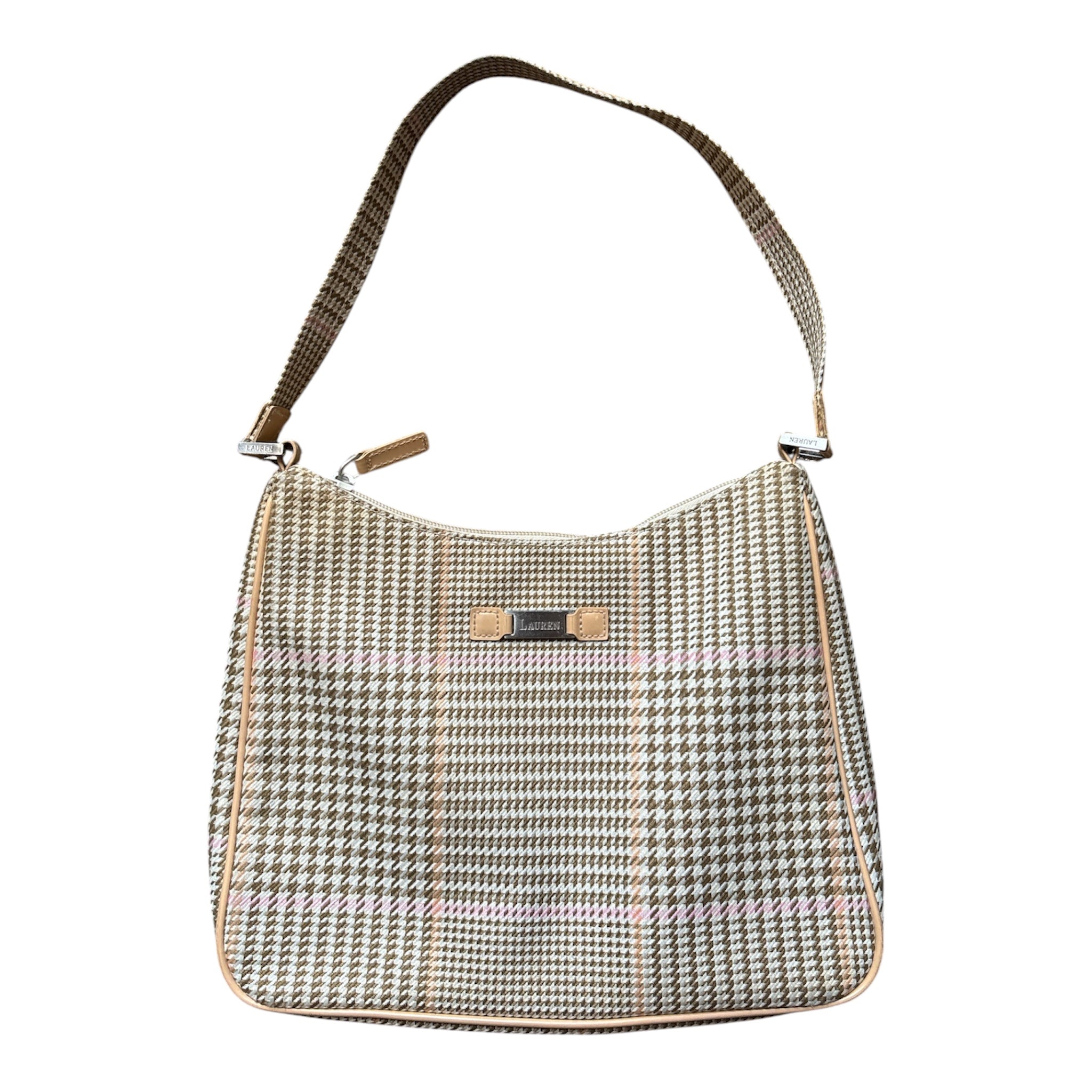 tan pink brown lauren ralph lauren houndstooth vtg shoulder bag
