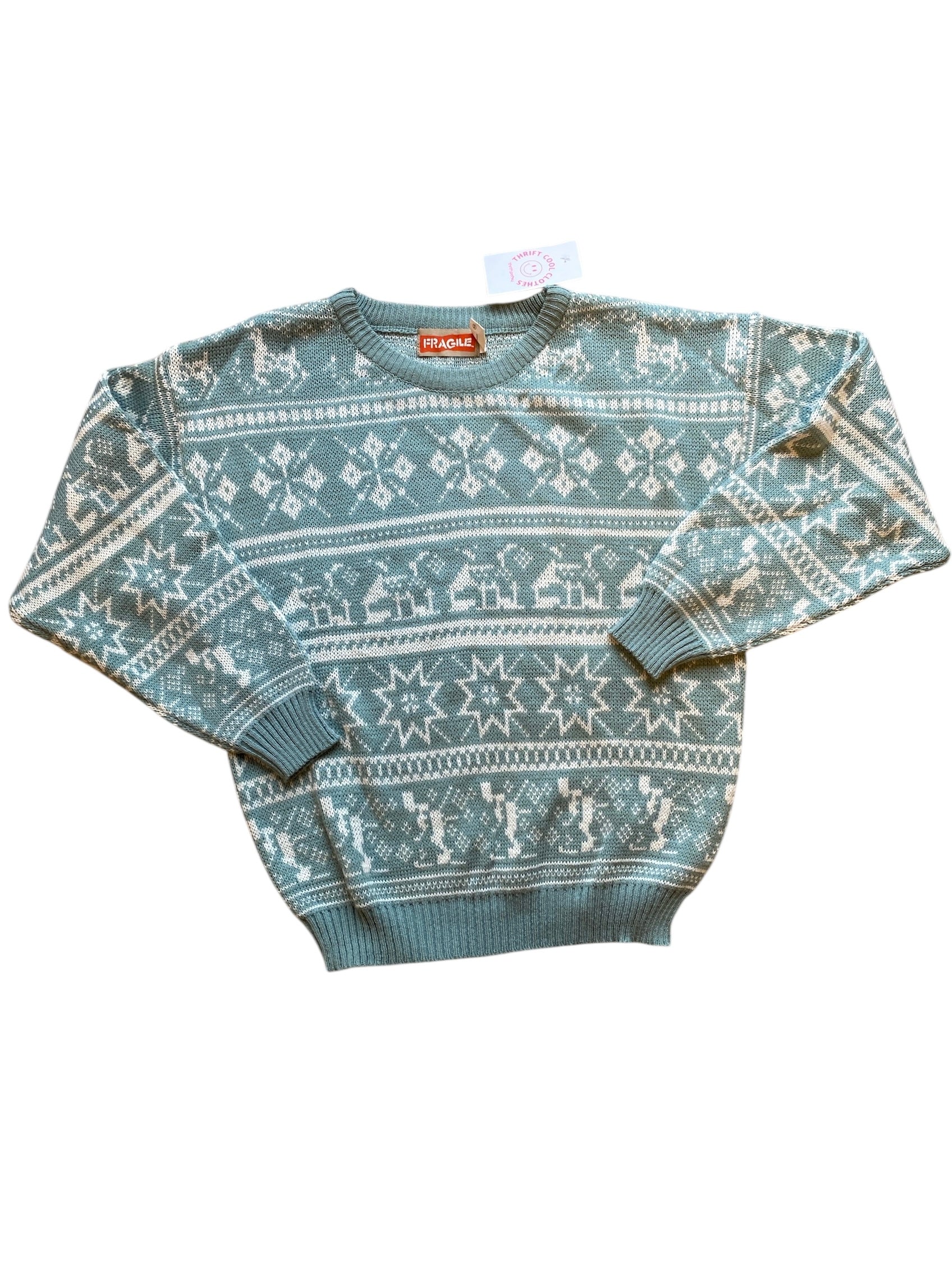 teal white fragile patterned vtg sweater, m