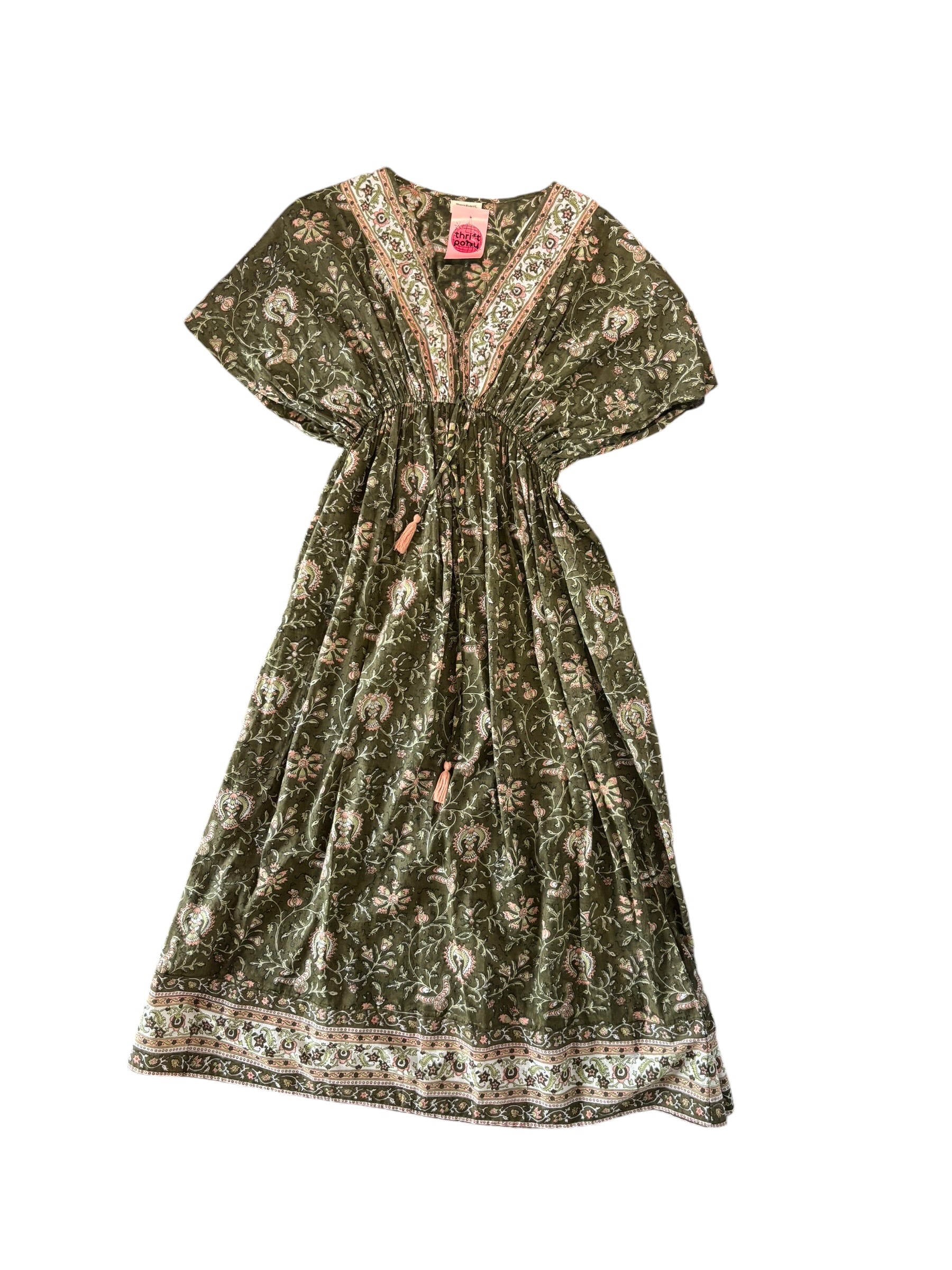 green pink world market patterned tie waist dress, s/m