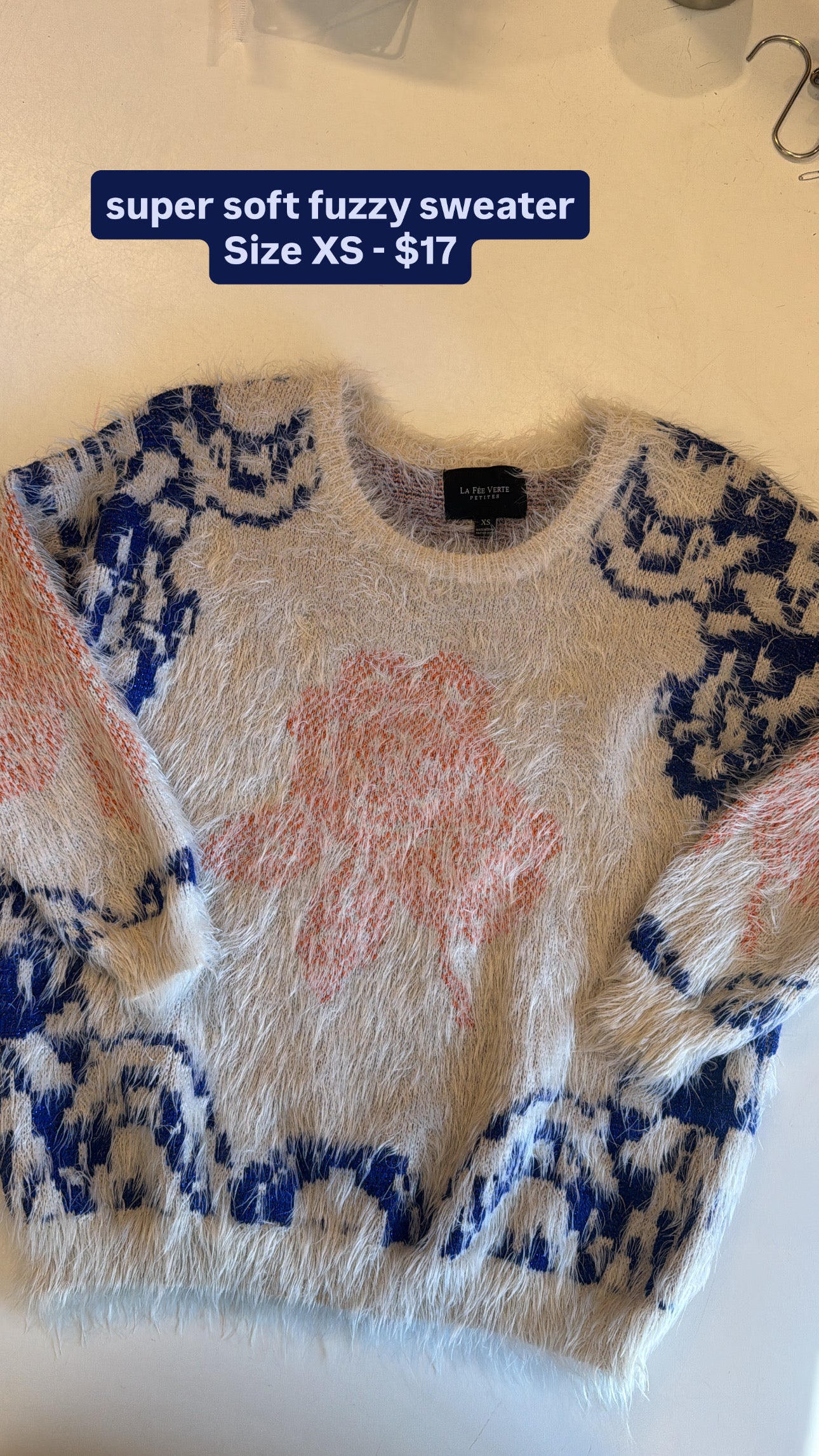 cream orange blue la fee verte furry patterned sweater, xs