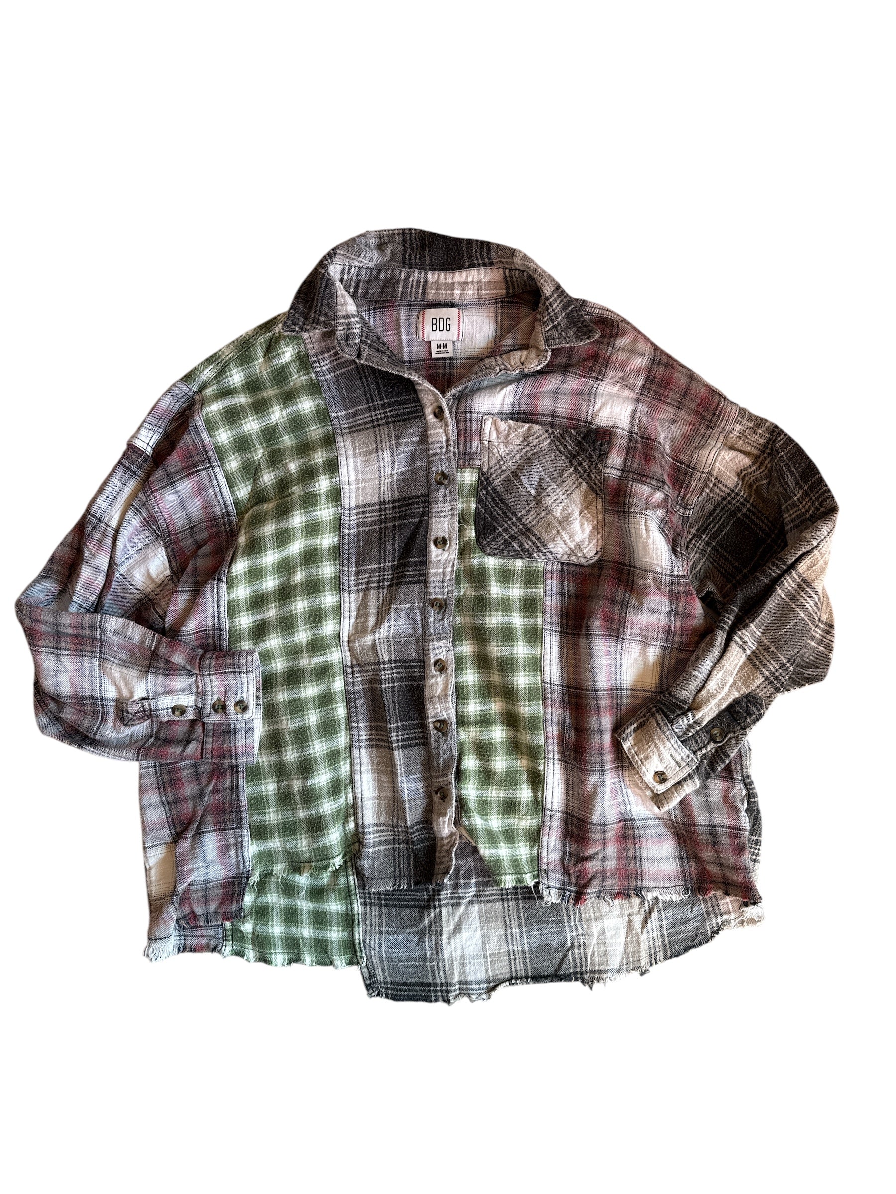 gray green red BDG plaid button down, M