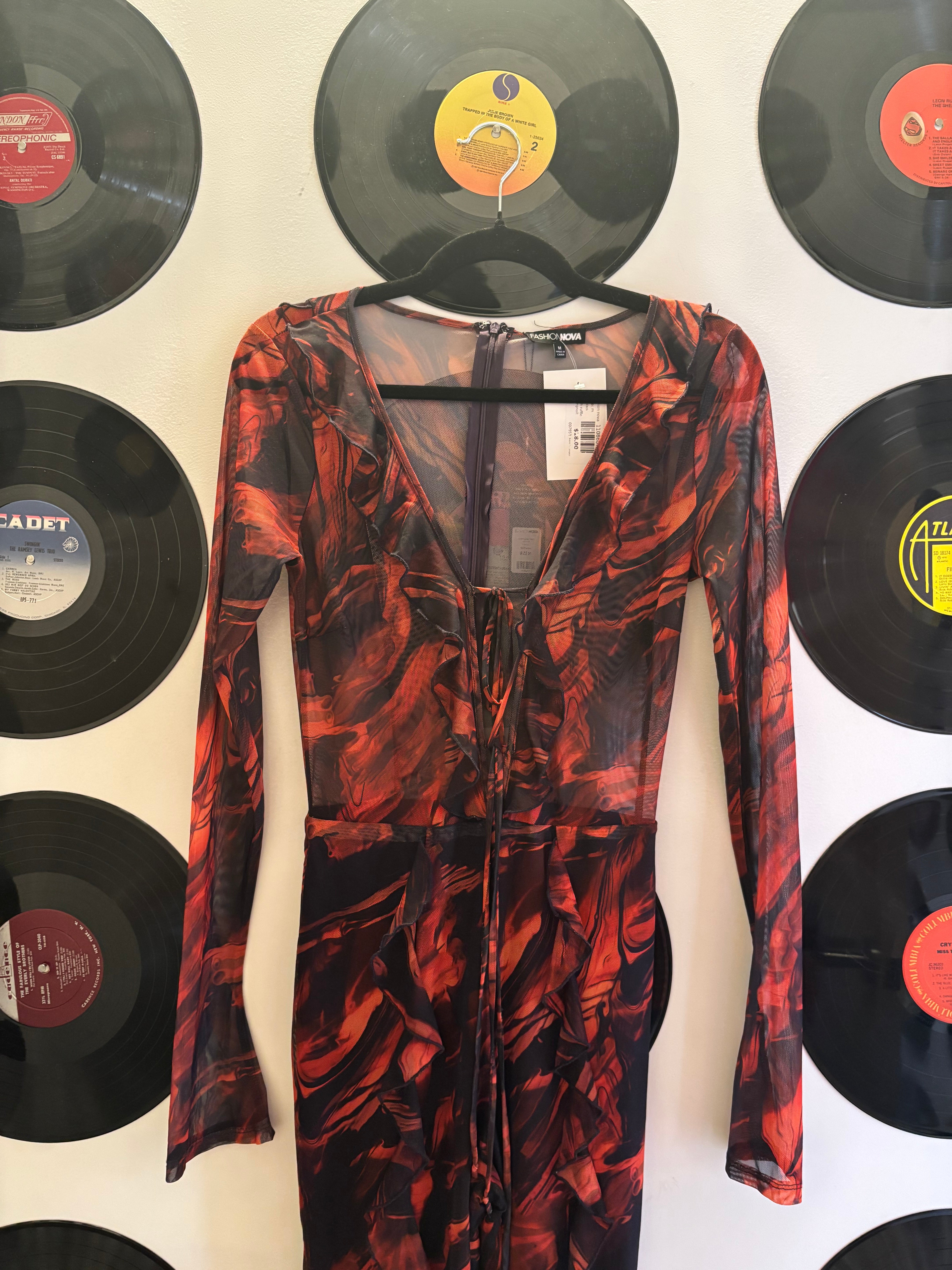 red black fashion nova mesh ruffle jumpsuit, m