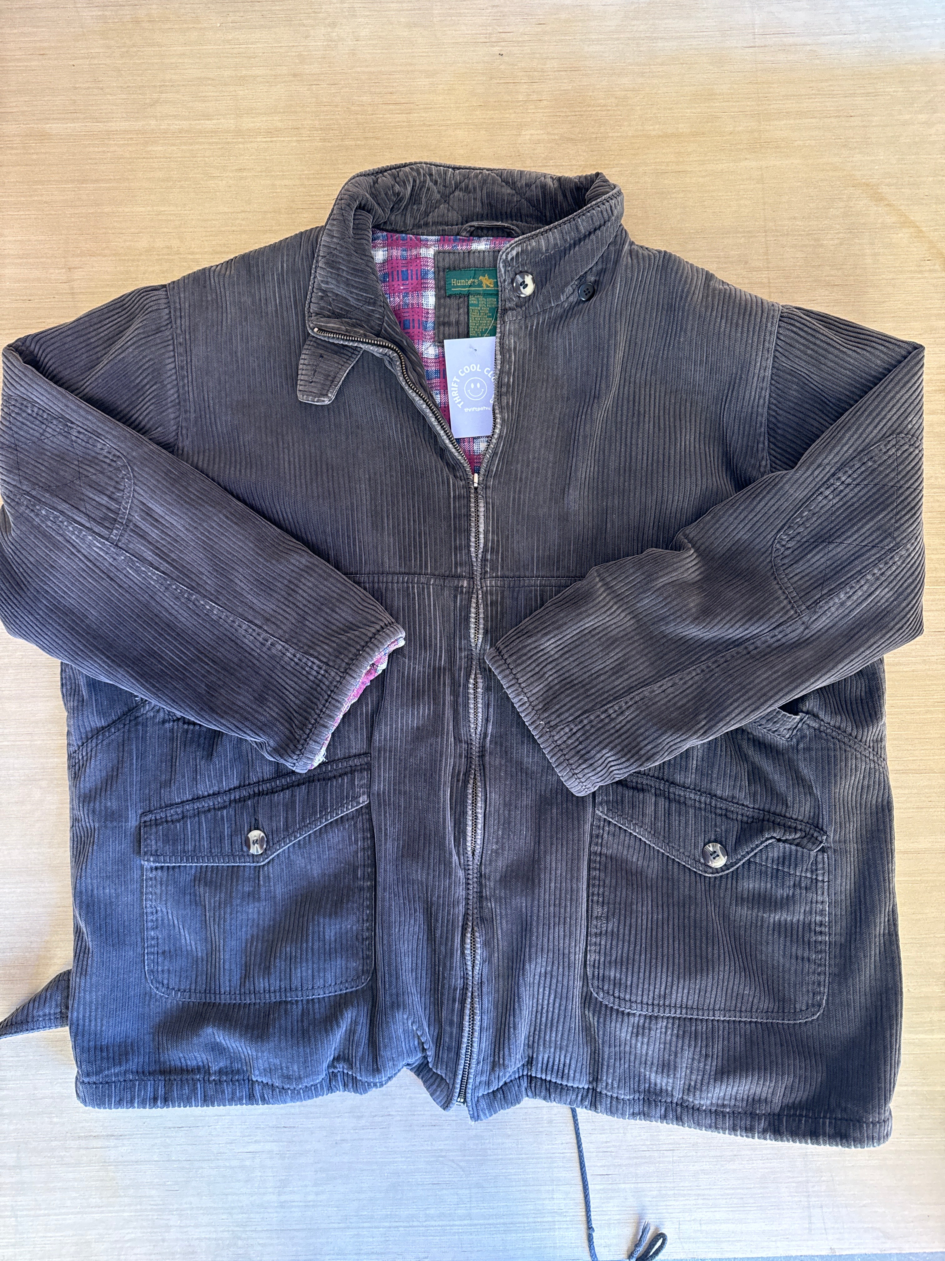 brown hunters run cord zip up jacket, xl