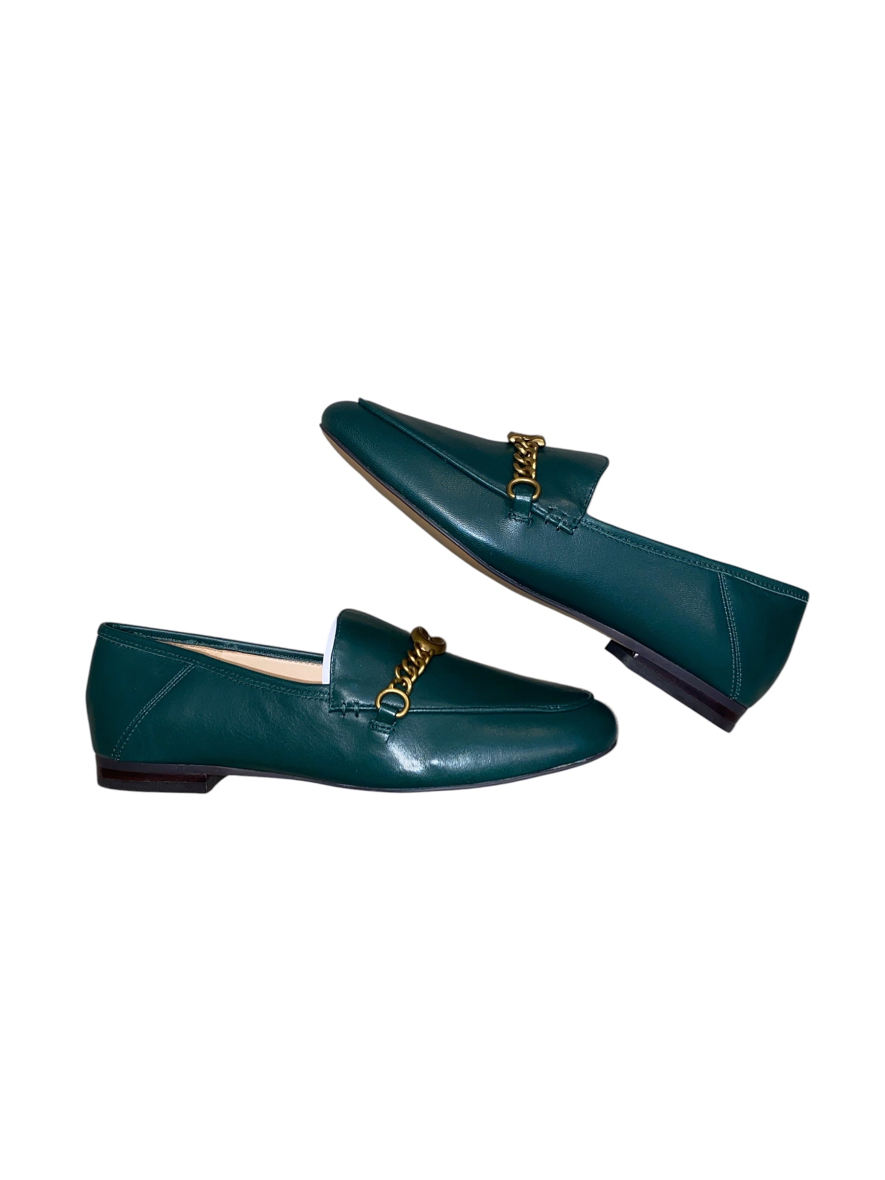 green coach leather loafers gold chain, 6