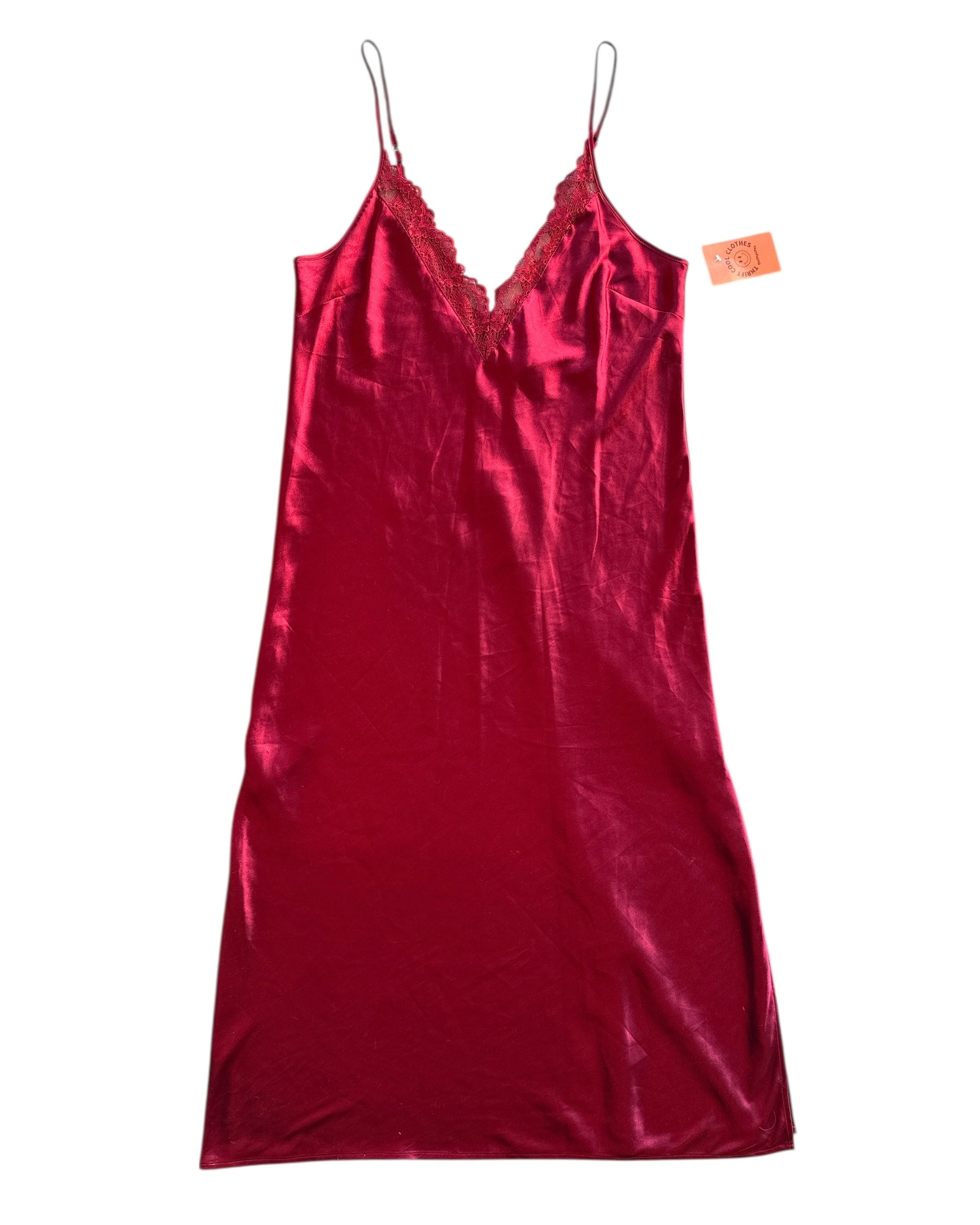 red inc satin slip w lace, L