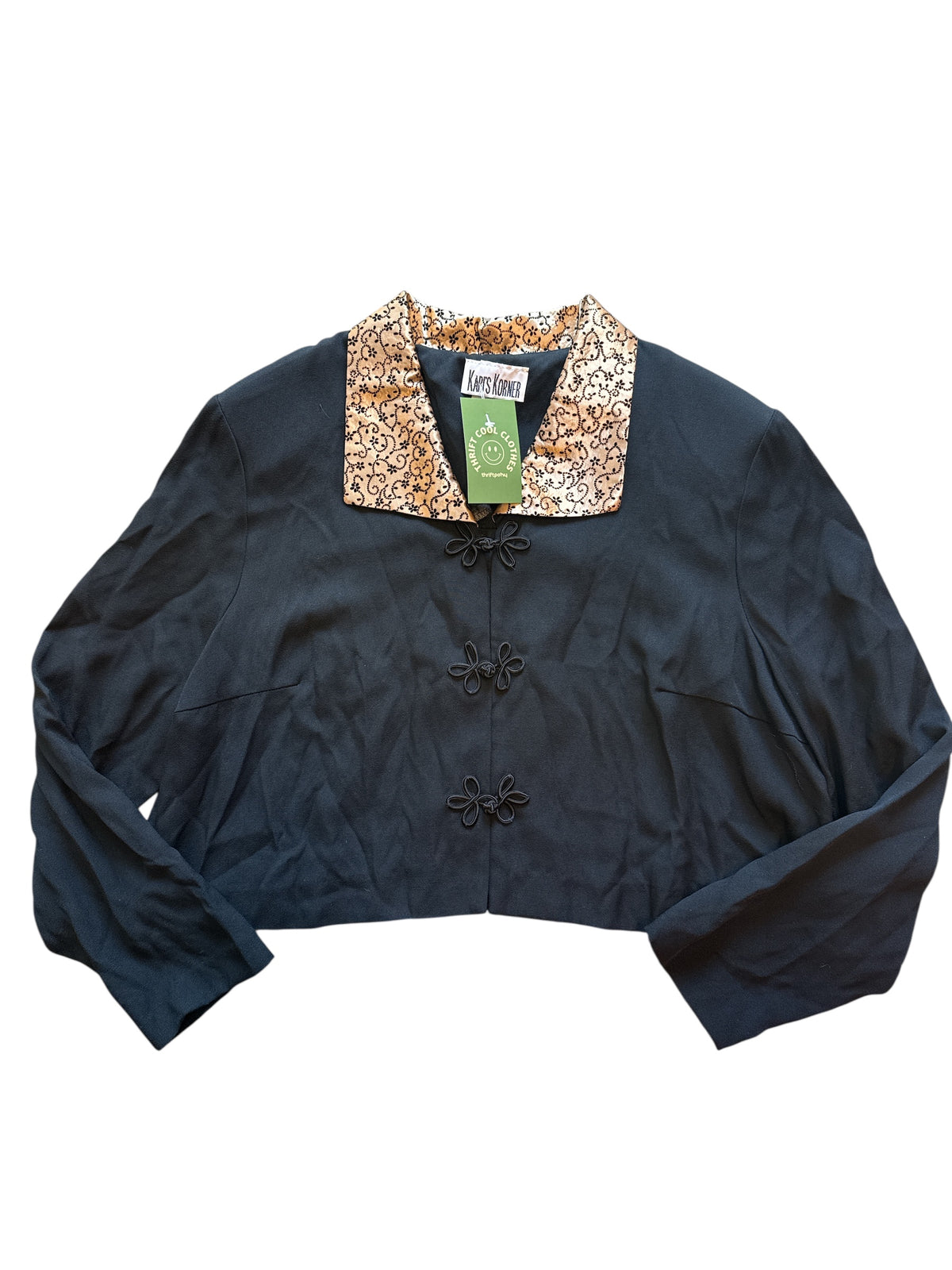 Black tan Kari's Korner Satin collar vintage jacket, 18