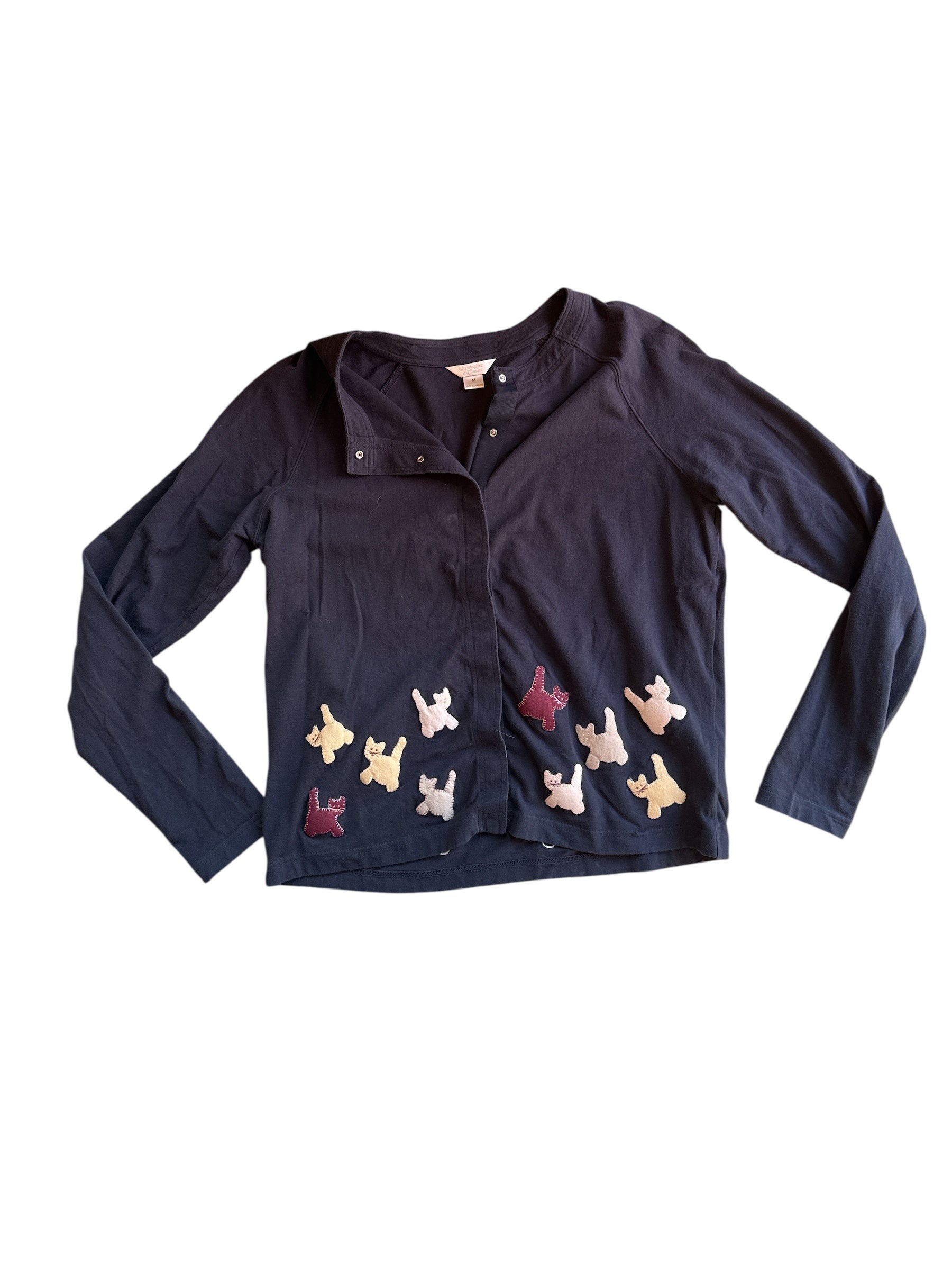 navy blue christopher & banks patch work cats button down ls top, m