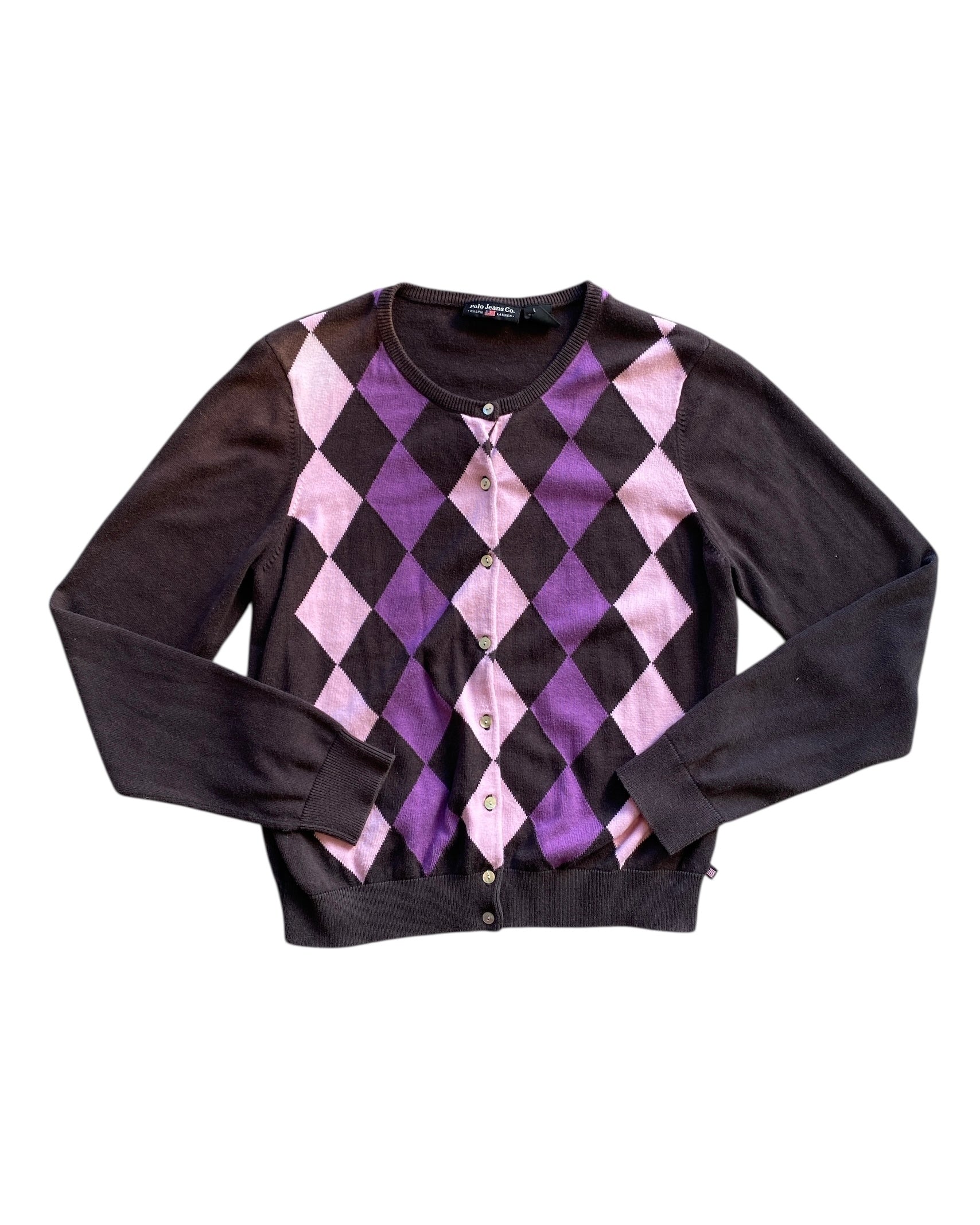 brown purple pink polo jean argyle cardigan, L