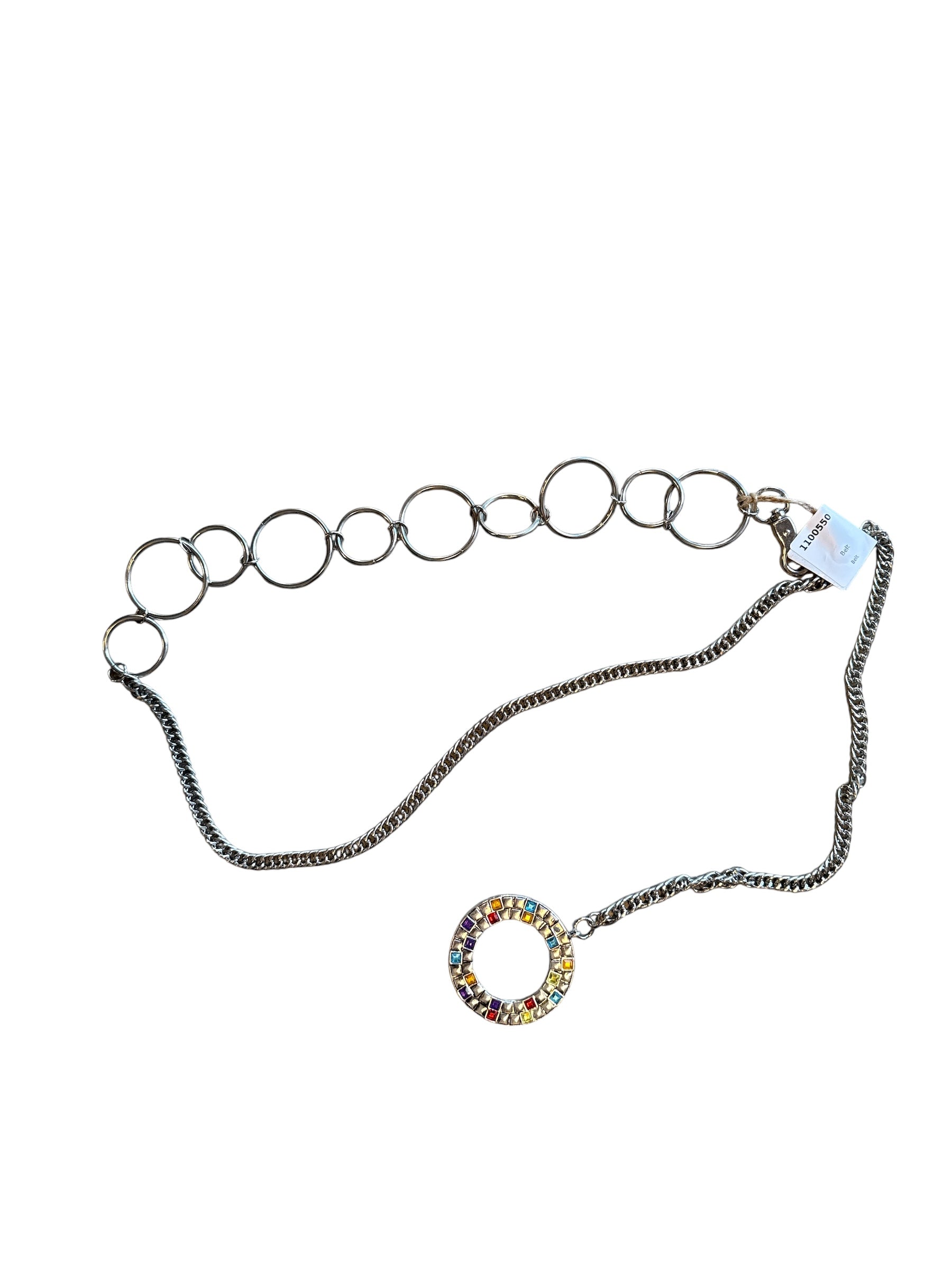 silver Carolina Patch Vintage chain belt silver w rainbow rhinestone circle