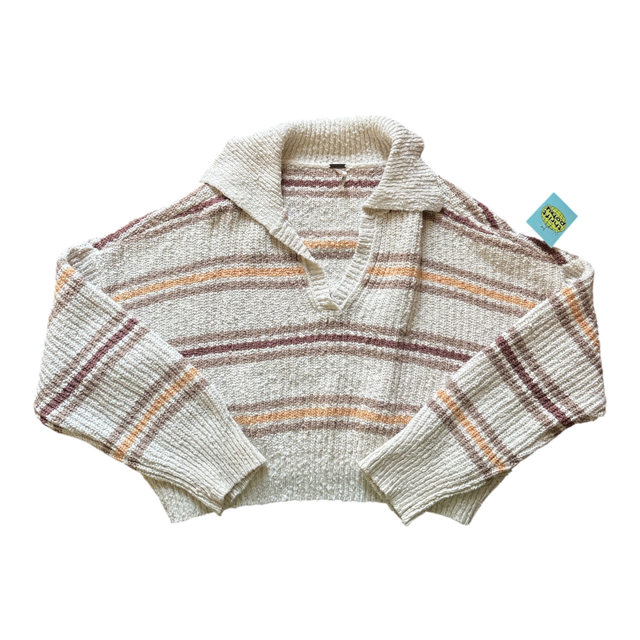 white tan yellow free people striped collared pullover, s