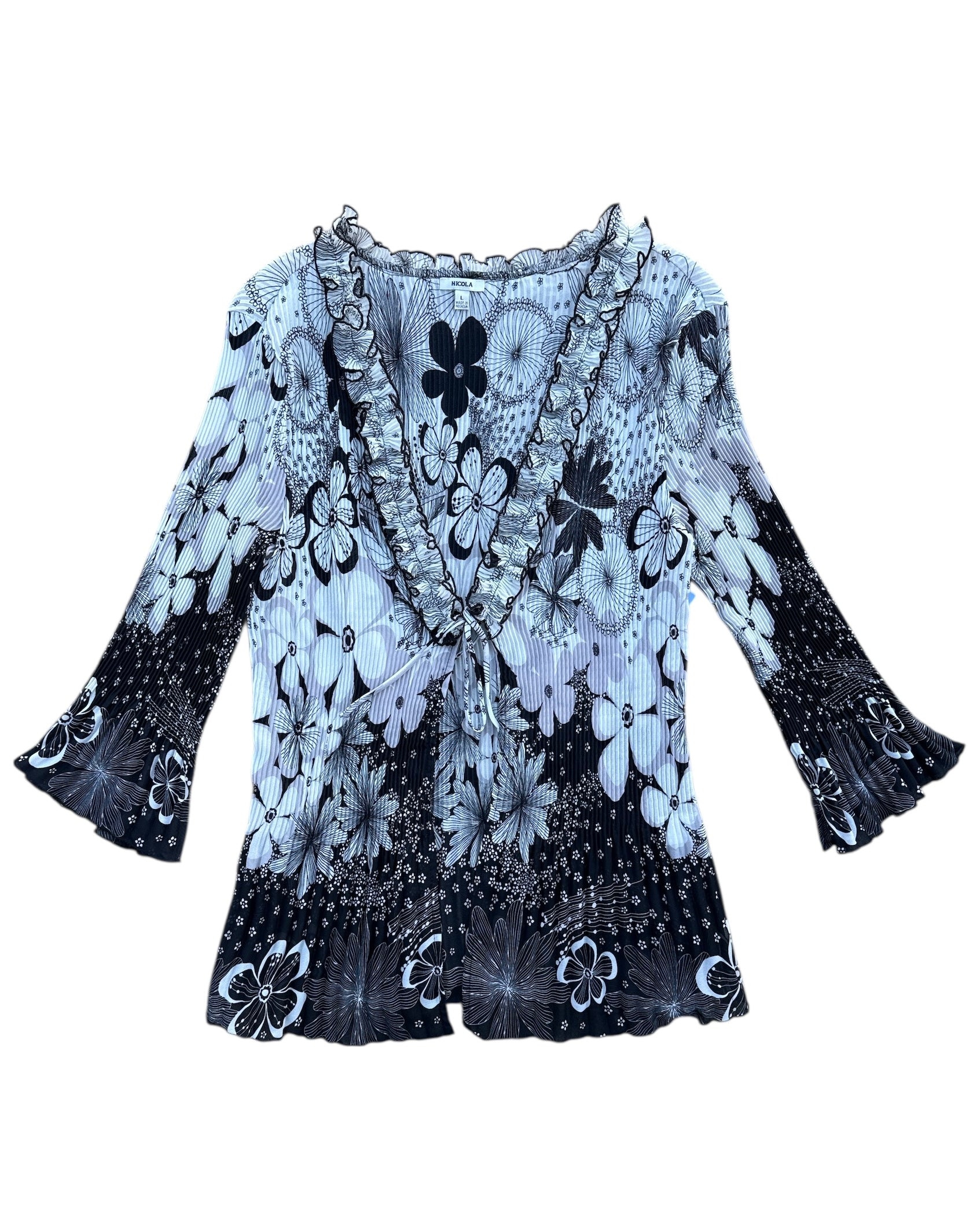 black white nicola pleated floral print top, L