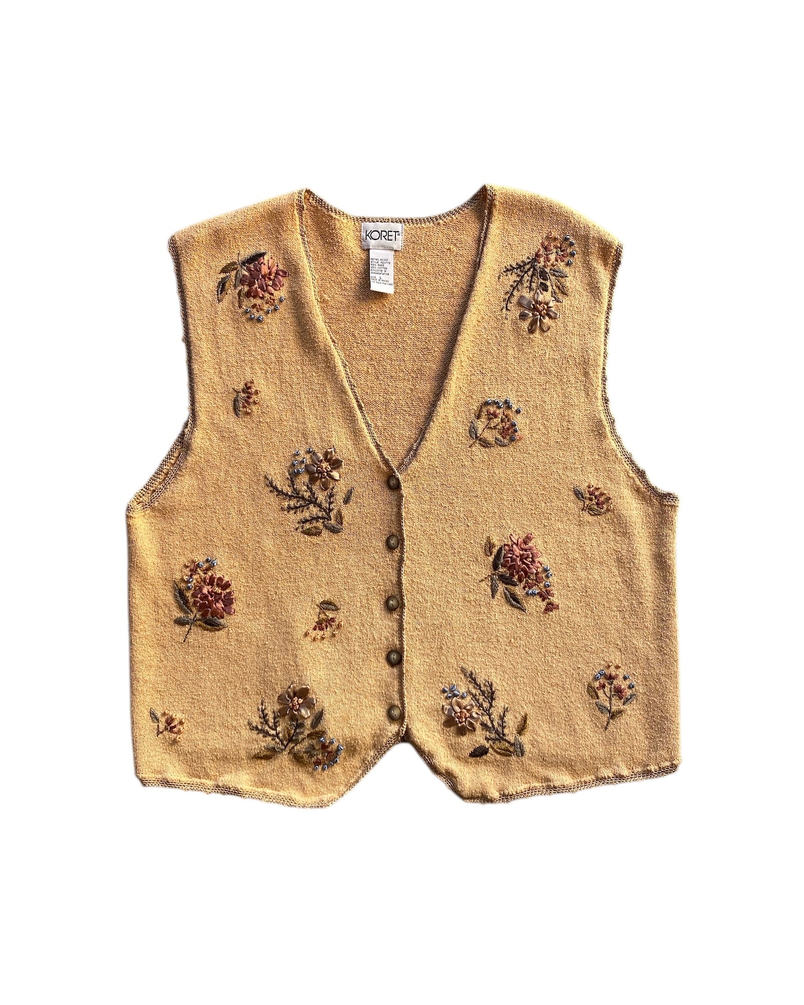 tan koret sweater vest w floral embroidery, L