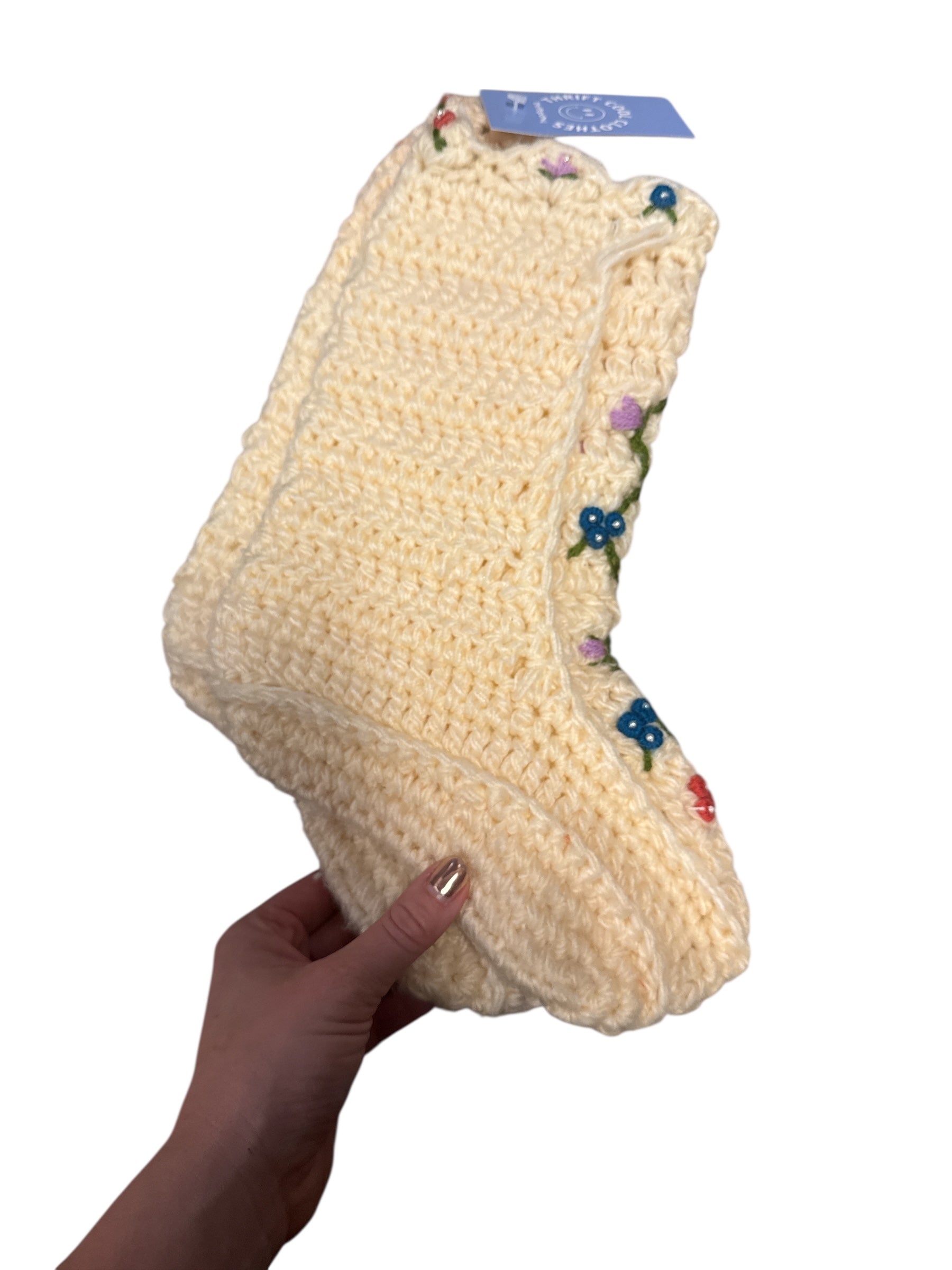 crochet knit boot socks w flowers - fit from womens 7-10
