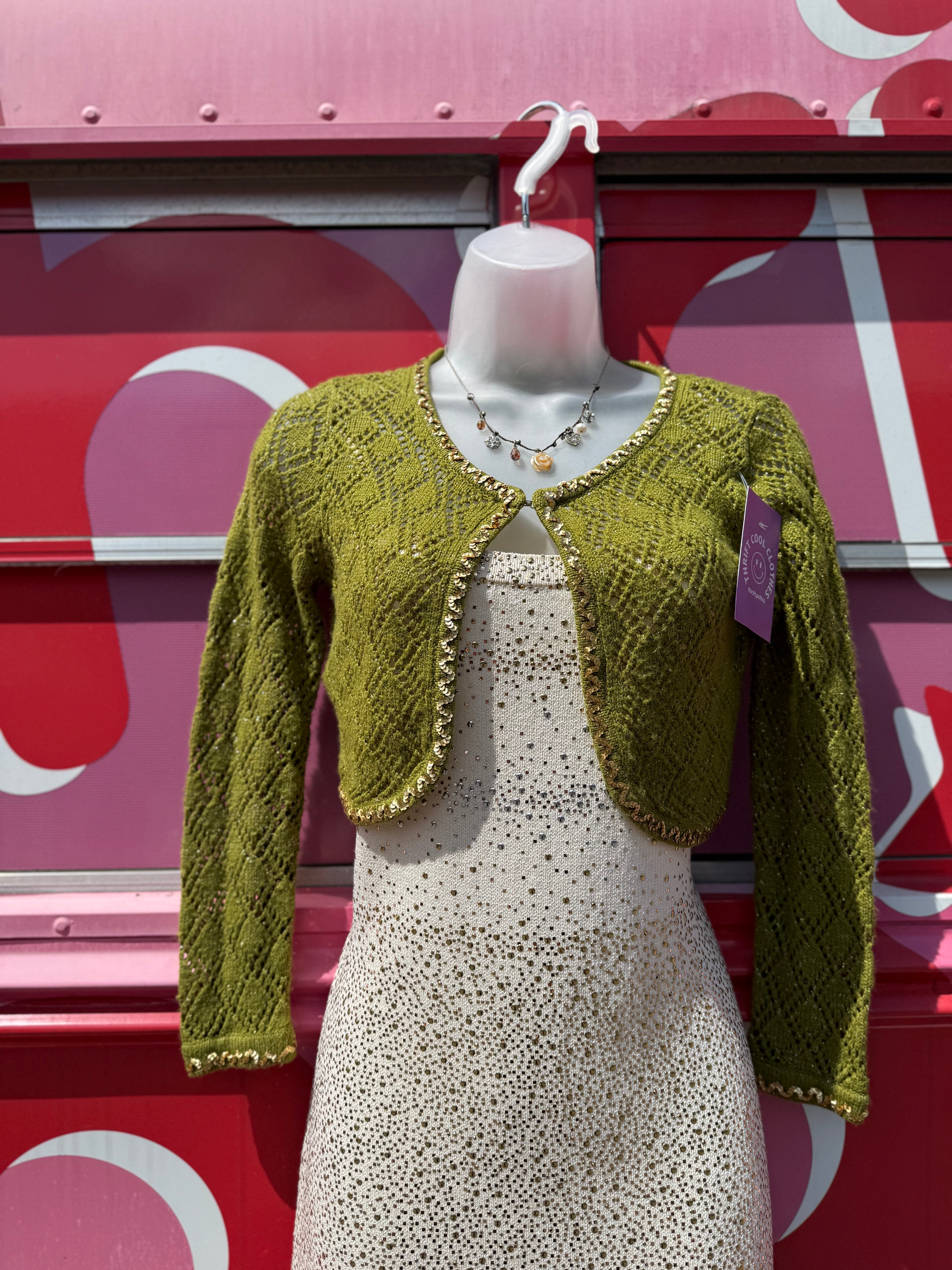 green betsey johnson sequin sparkle cropped shrug cardigan, s