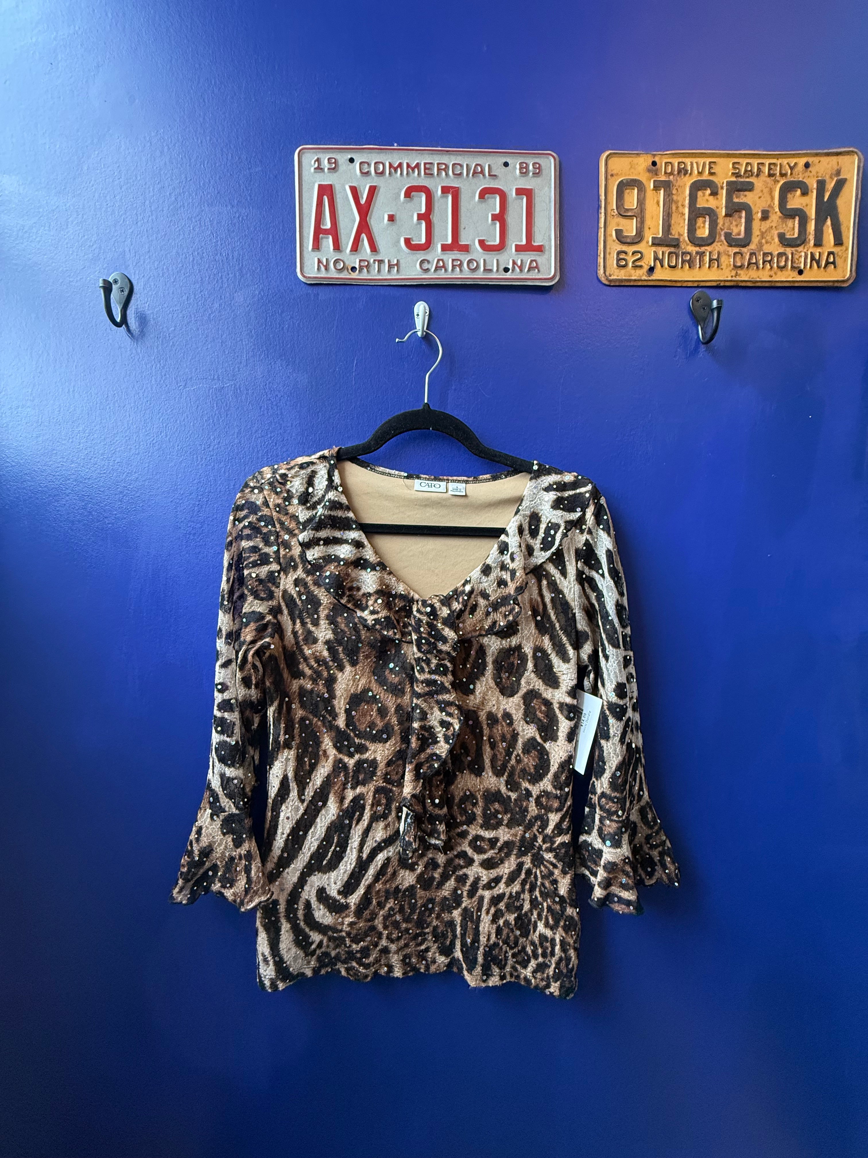 Brown beige Cato Sequin leopard ruffle ls, S