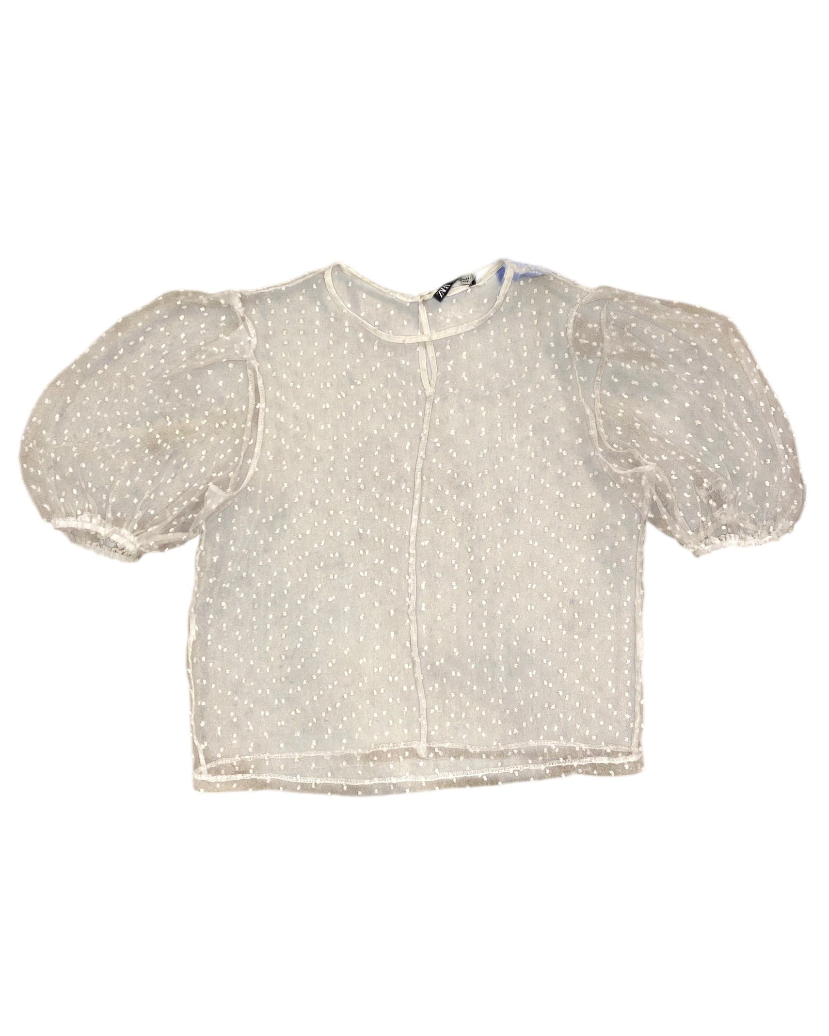 white zara sheer puffy sleeve top, m
