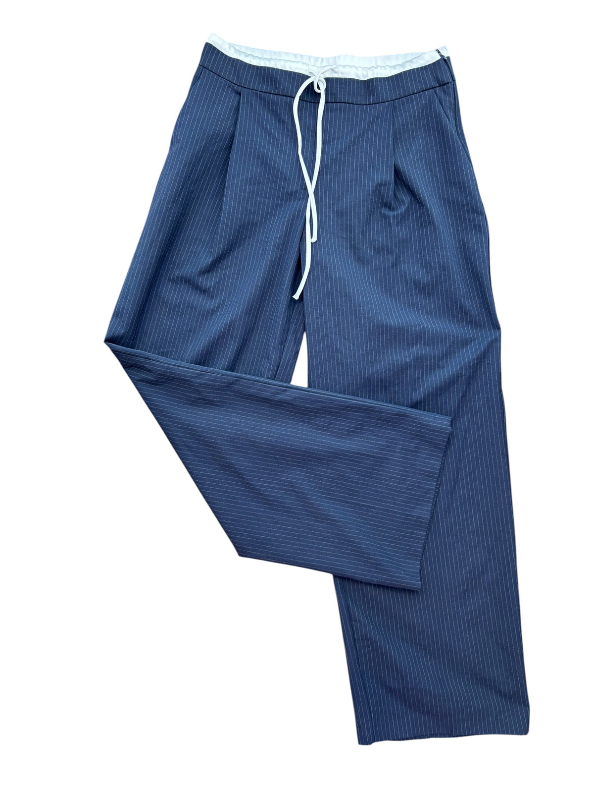 navy white zara pinstripe trousers w elastic waistband, s