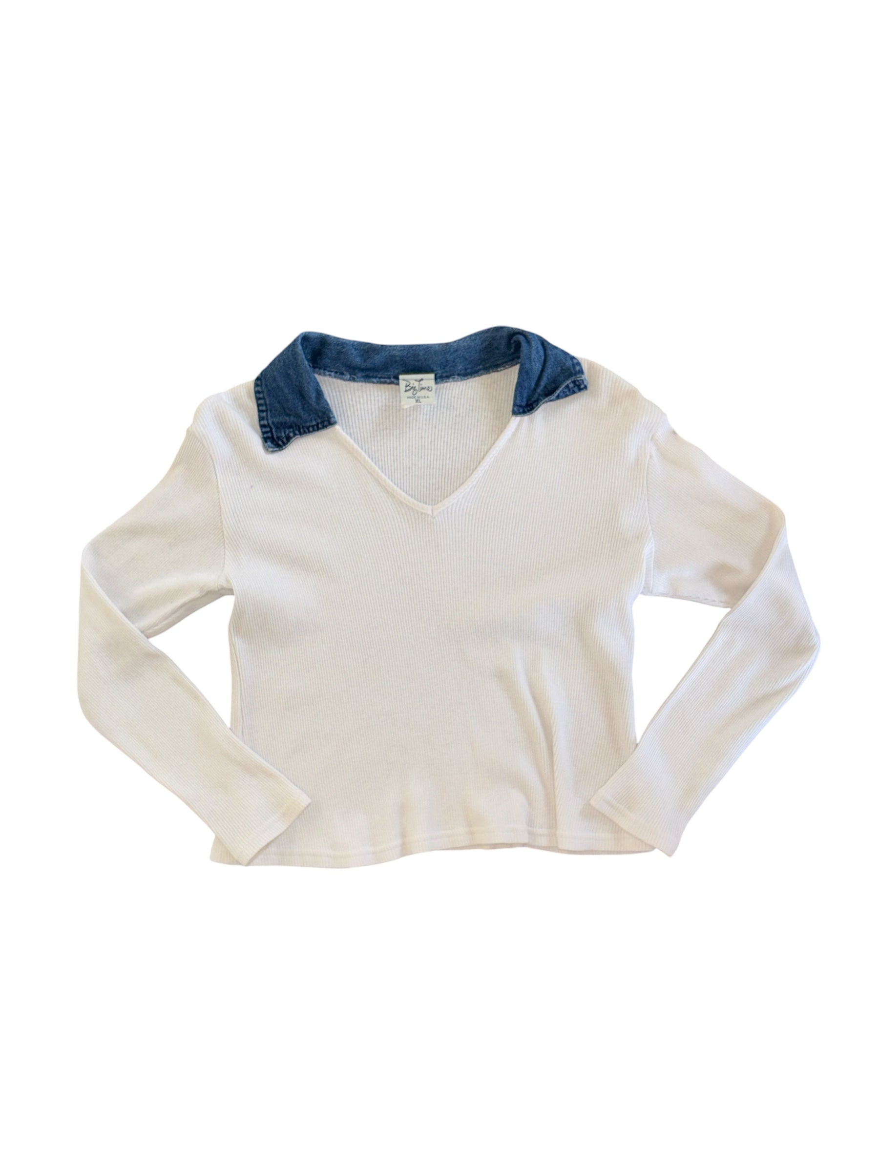 white blue big time knit ls denim collar, xl