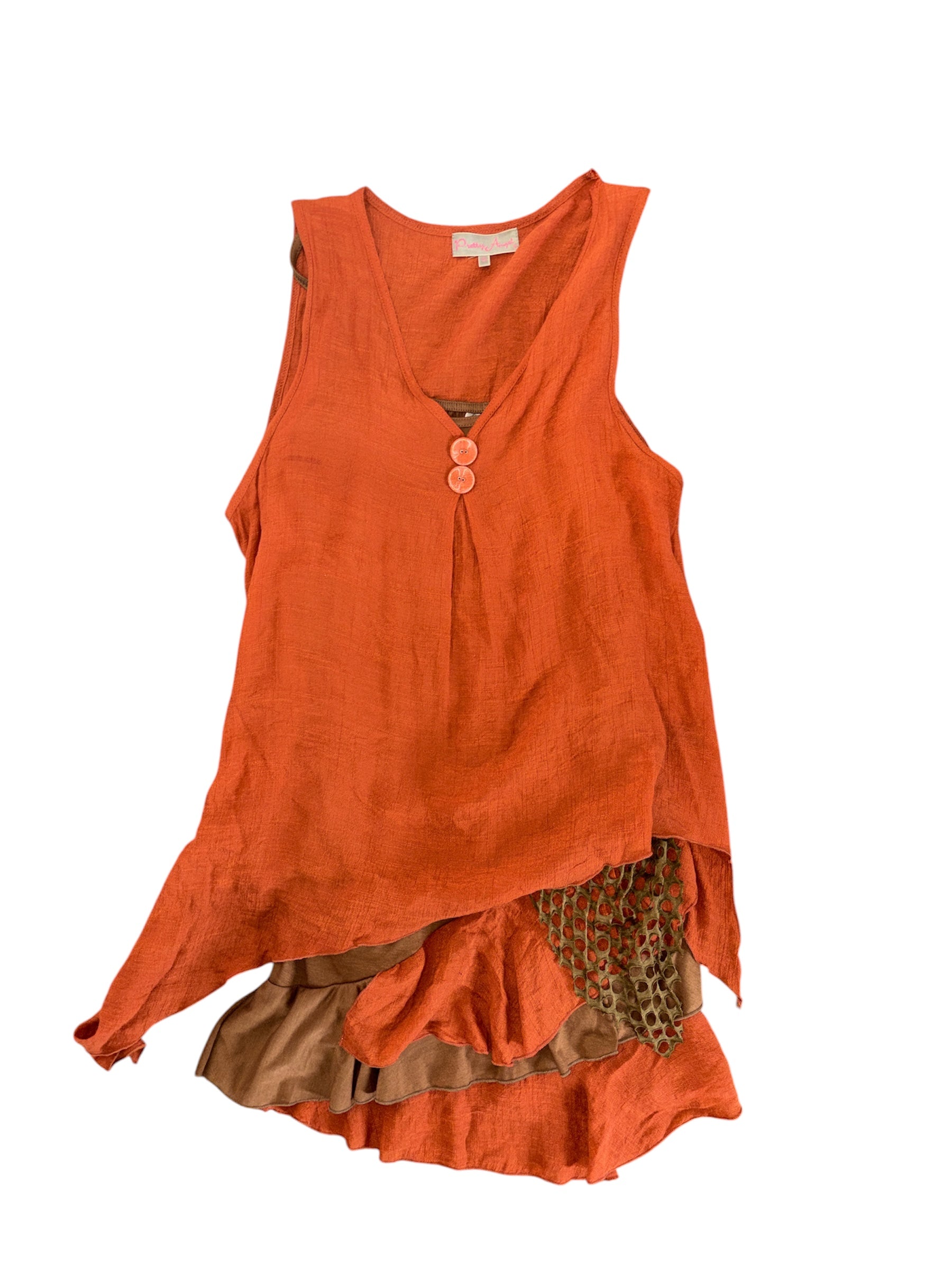 Brown orange Pretty Angel Y2K ruffle bottom tank dress w/ over vest, S