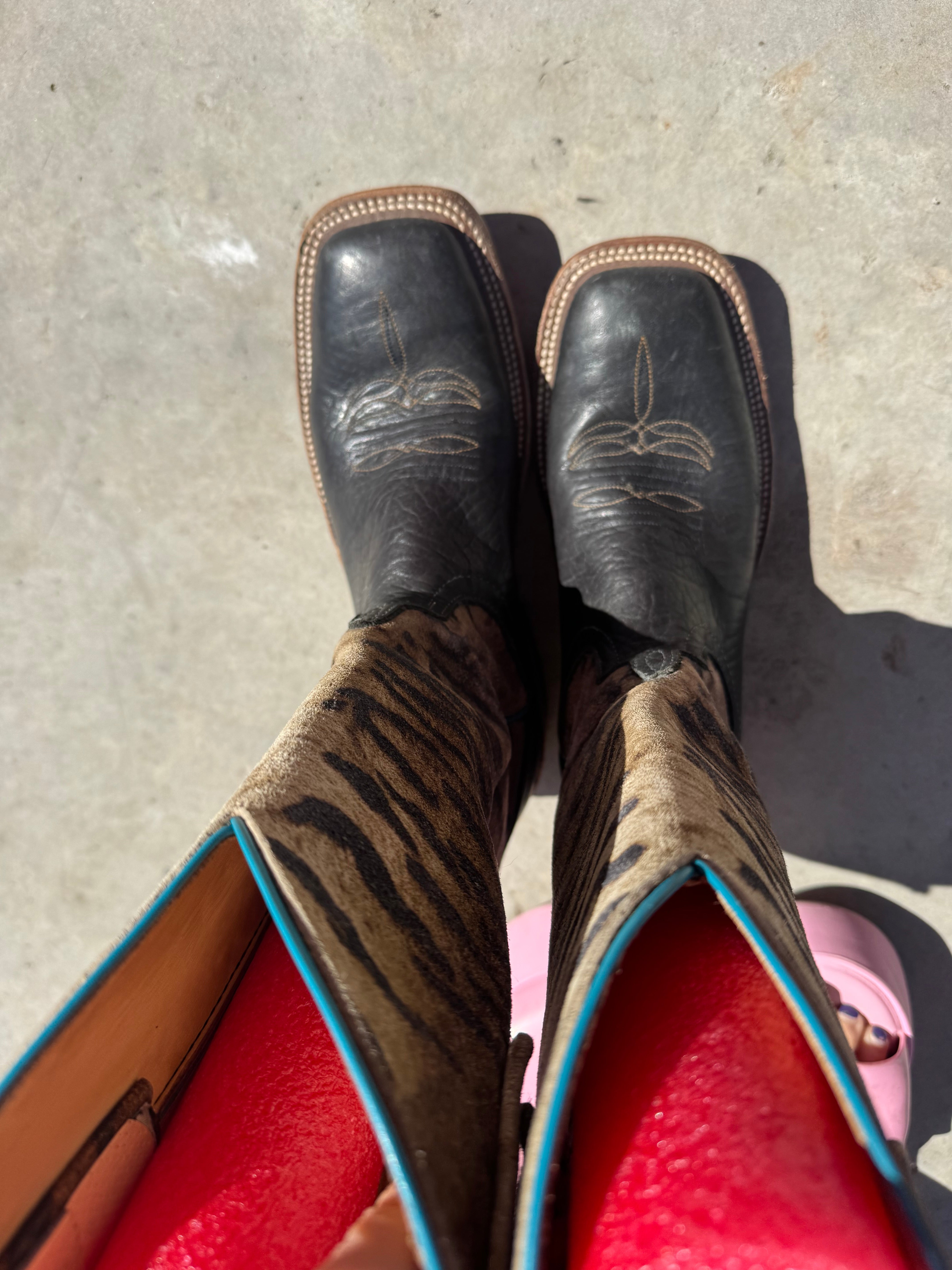 black tan anderson bean square toe tiger cowboy boot, 7 fits like 7.5
