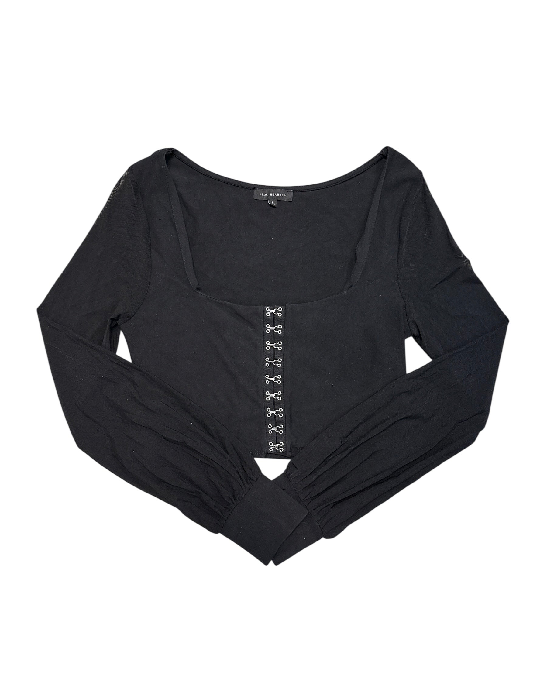 black la heart slinky scoopneck top w mesh sleeves, L