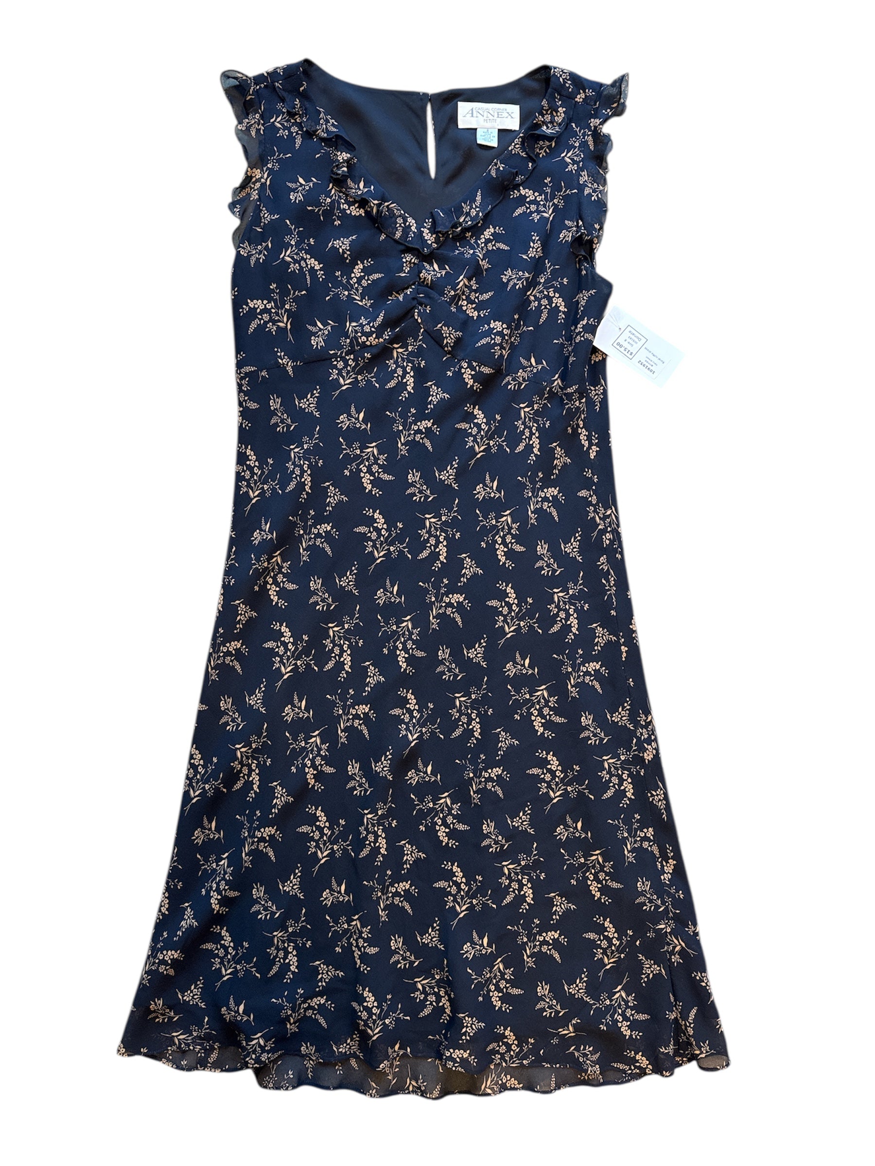 navy brown annex floral ruffle dress, 8 (fits like S)