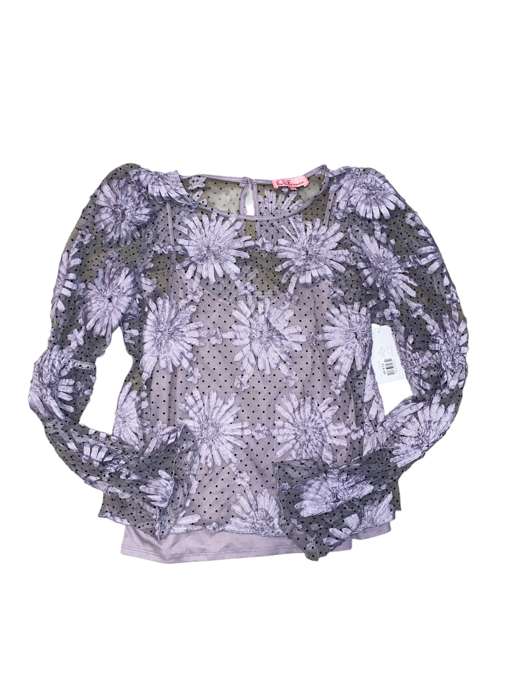 Purple Eva Franco Sheer flower polka dot ls top, M