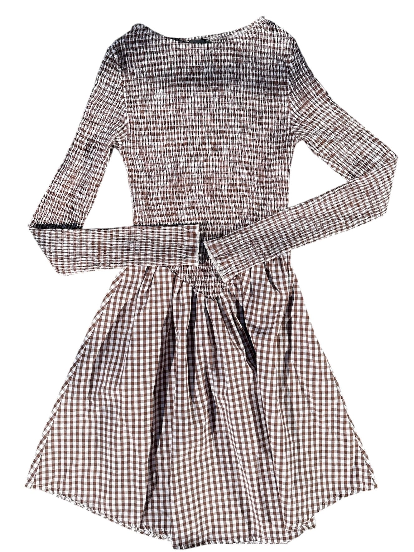 brown asos ruch gingham dress M