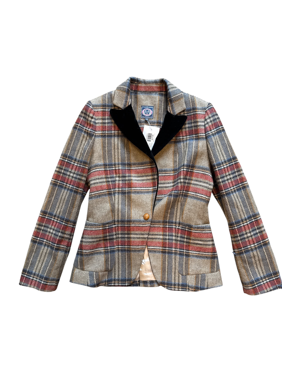 brown red black vilagallo plaid wool blazer w velvet details, 38 size S