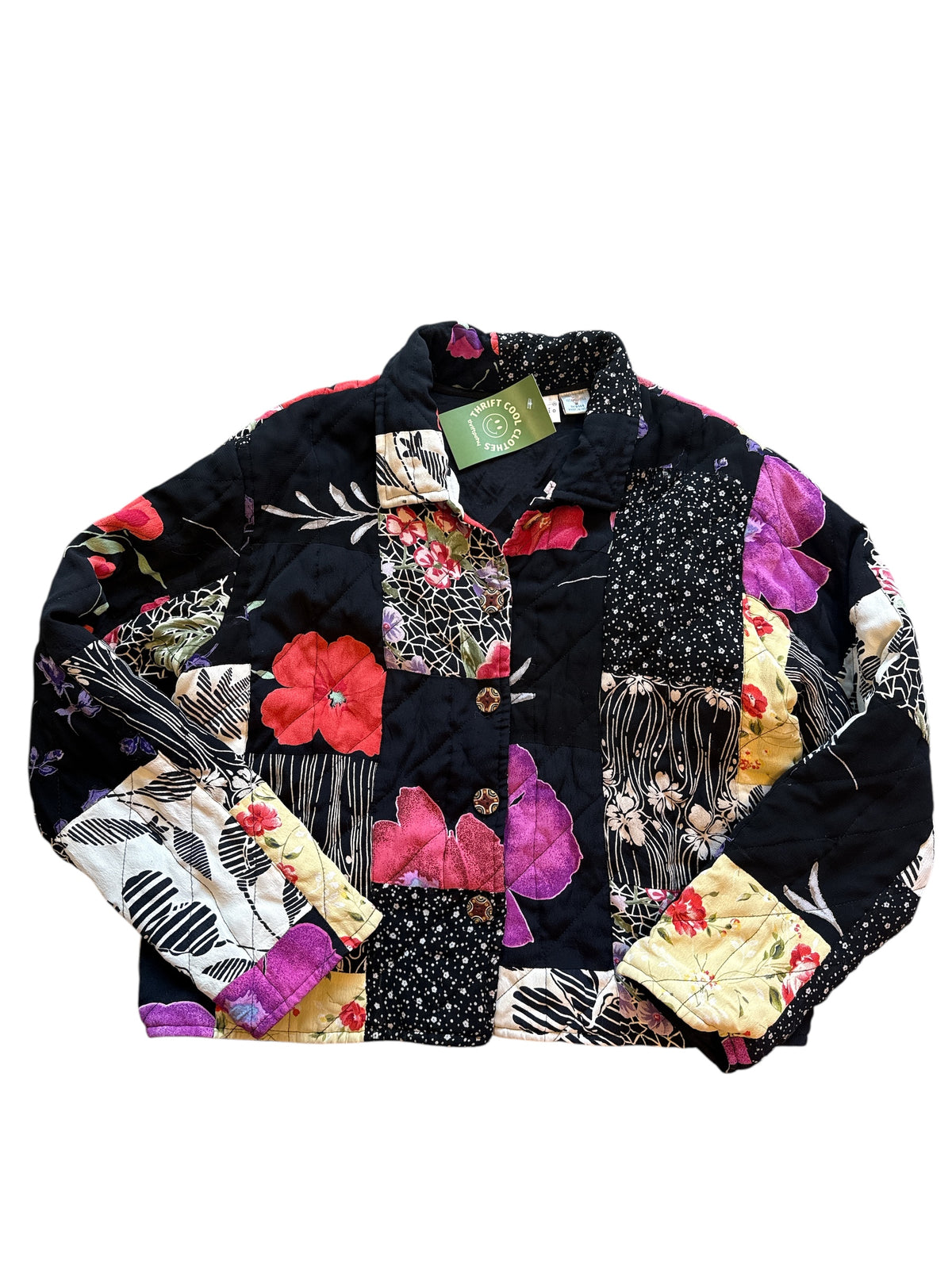 black purple white casual studio quilted floral jacket, m