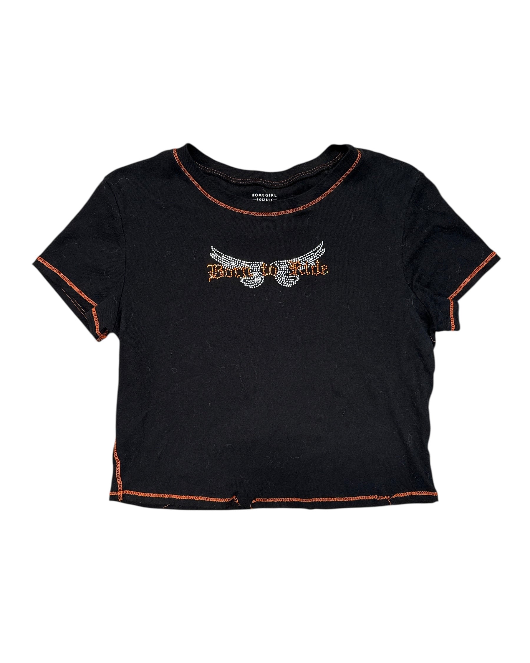 black orange homegirl society bedazzled baby tee, L